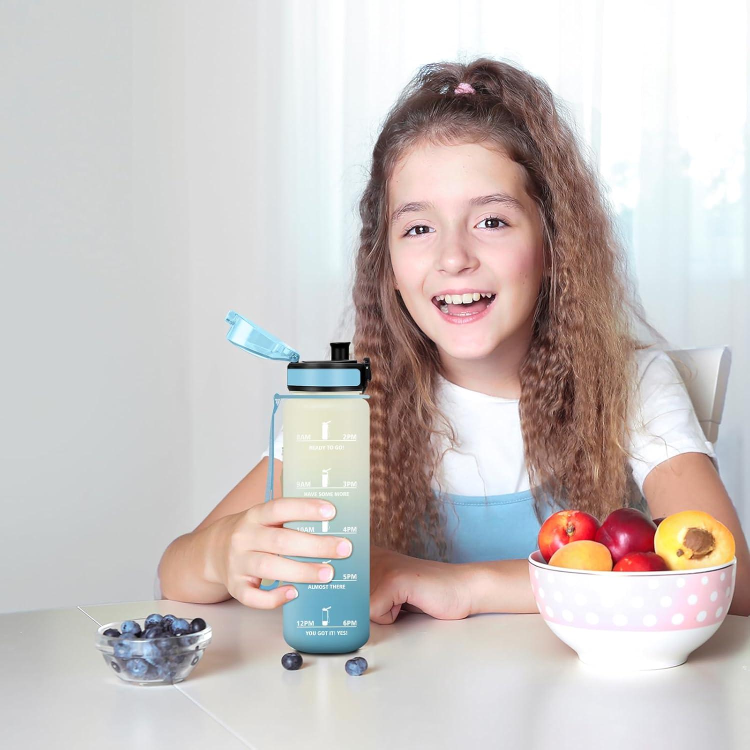 imageBouteille deau 500ml Gourde Enfant avec Filtre Gourde Sport tanche Gourdes avec Marqueur de Temps Bouteille Reutilisable Gourdes Motivation Idale pour Yoga cole Bureau Randonne17oz500ml Blanc Bleu Clair