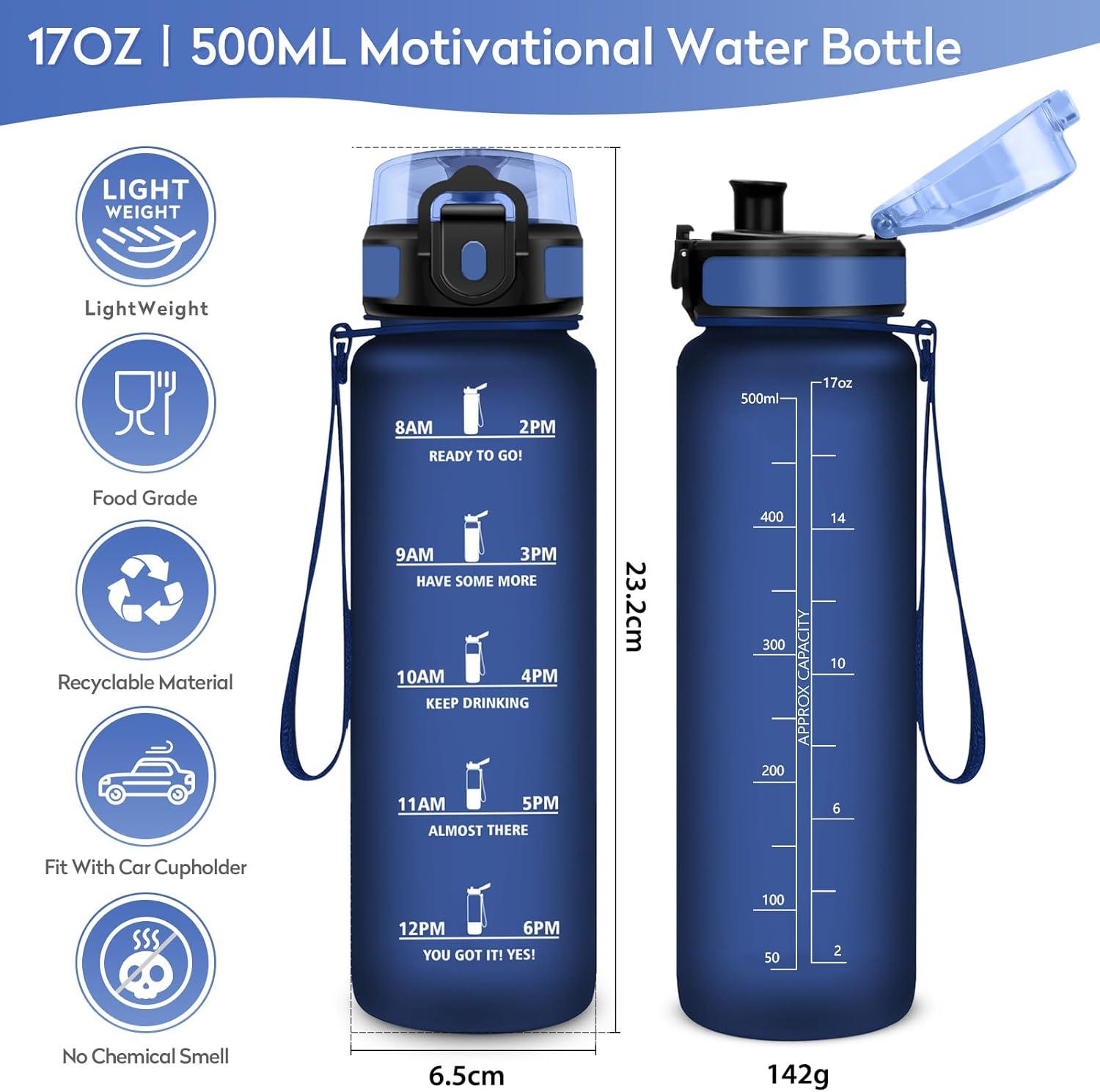 imageBouteille deau 500ml Gourde Enfant avec Filtre Gourde Sport tanche Gourdes avec Marqueur de Temps Bouteille Reutilisable Gourdes Motivation Idale pour Yoga cole Bureau Randonne17oz500ml Mat Marine Bleu