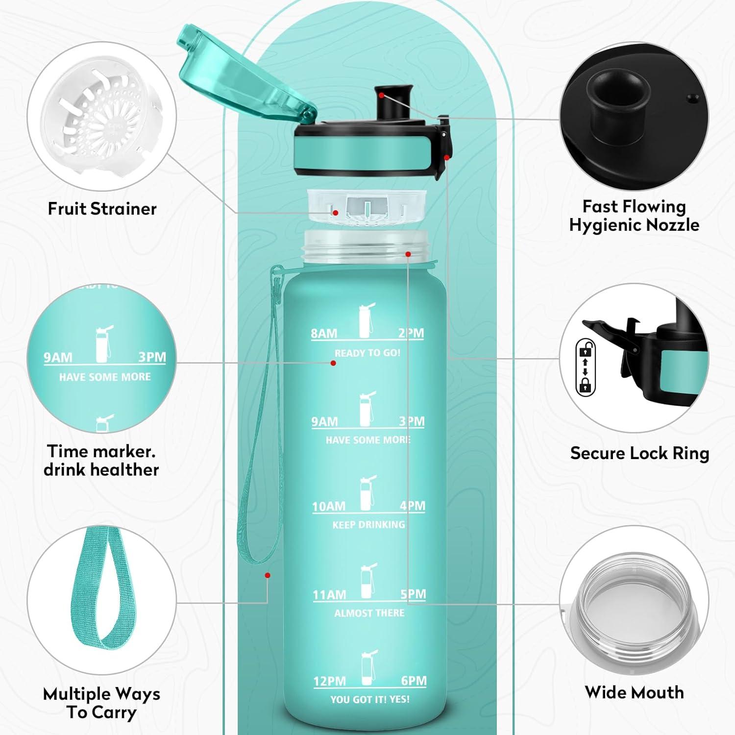 imageBouteille deau 500ml Gourde Enfant avec Filtre Gourde Sport tanche Gourdes avec Marqueur de Temps Bouteille Reutilisable Gourdes Motivation Idale pour Yoga cole Bureau Randonne32oz1000ml Mat Bleuvert