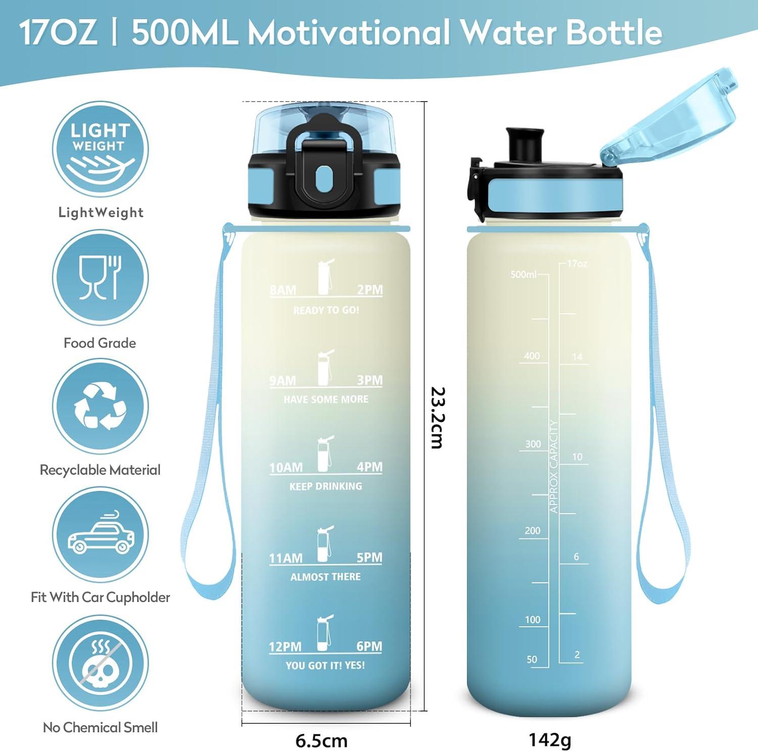 imageBouteille deau 500ml Gourde Enfant avec Filtre Gourde Sport tanche Gourdes avec Marqueur de Temps Bouteille Reutilisable Gourdes Motivation Idale pour Yoga cole Bureau Randonne17oz500ml Blanc Bleu Clair