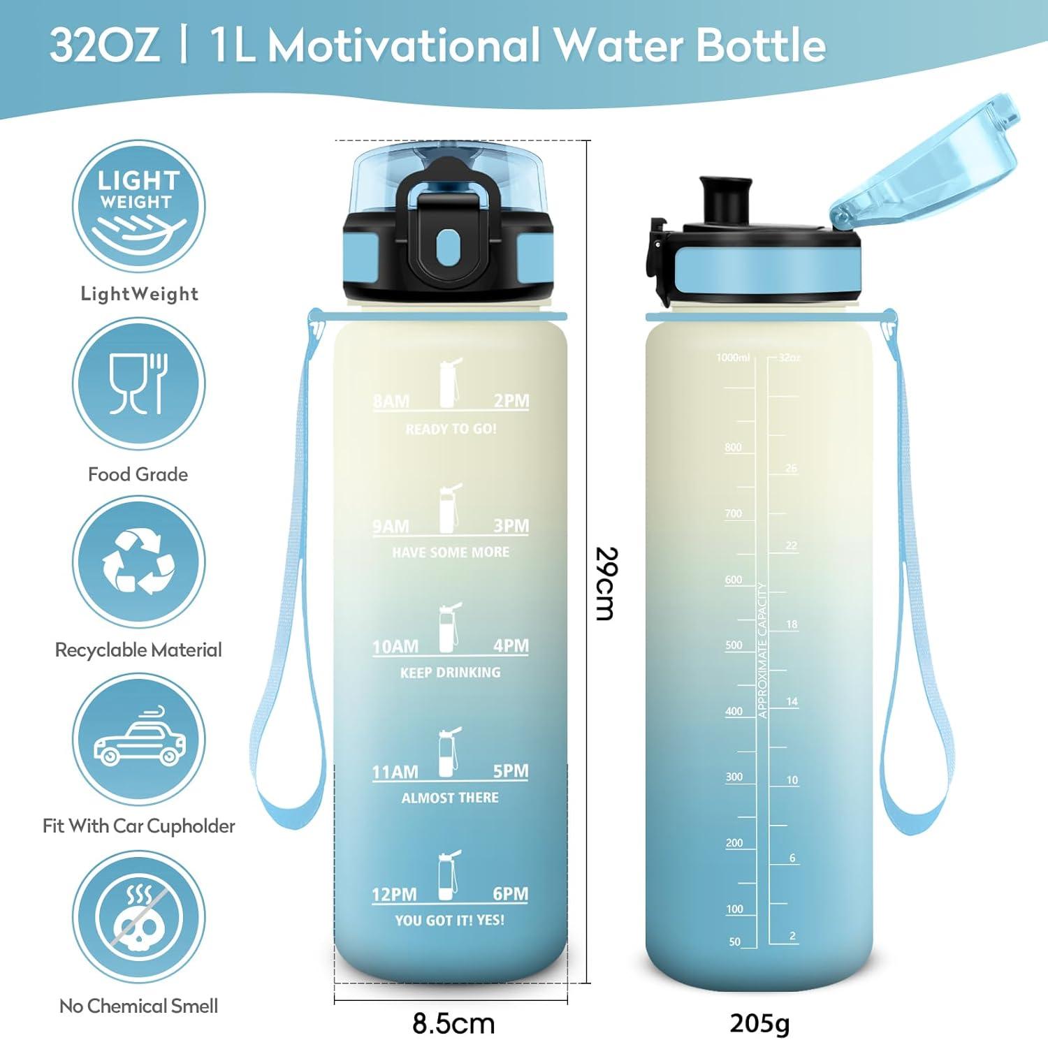 imageBouteille deau 500ml Gourde Enfant avec Filtre Gourde Sport tanche Gourdes avec Marqueur de Temps Bouteille Reutilisable Gourdes Motivation Idale pour Yoga cole Bureau Randonne32oz1000ml Blanc Bleu Clair