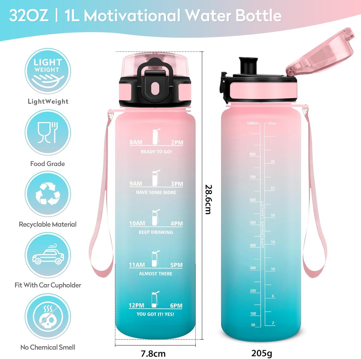 imageBouteille deau 500ml Gourde Enfant avec Filtre Gourde Sport tanche Gourdes avec Marqueur de Temps Bouteille Reutilisable Gourdes Motivation Idale pour Yoga cole Bureau Randonne32oz1000ml Rose Cyan