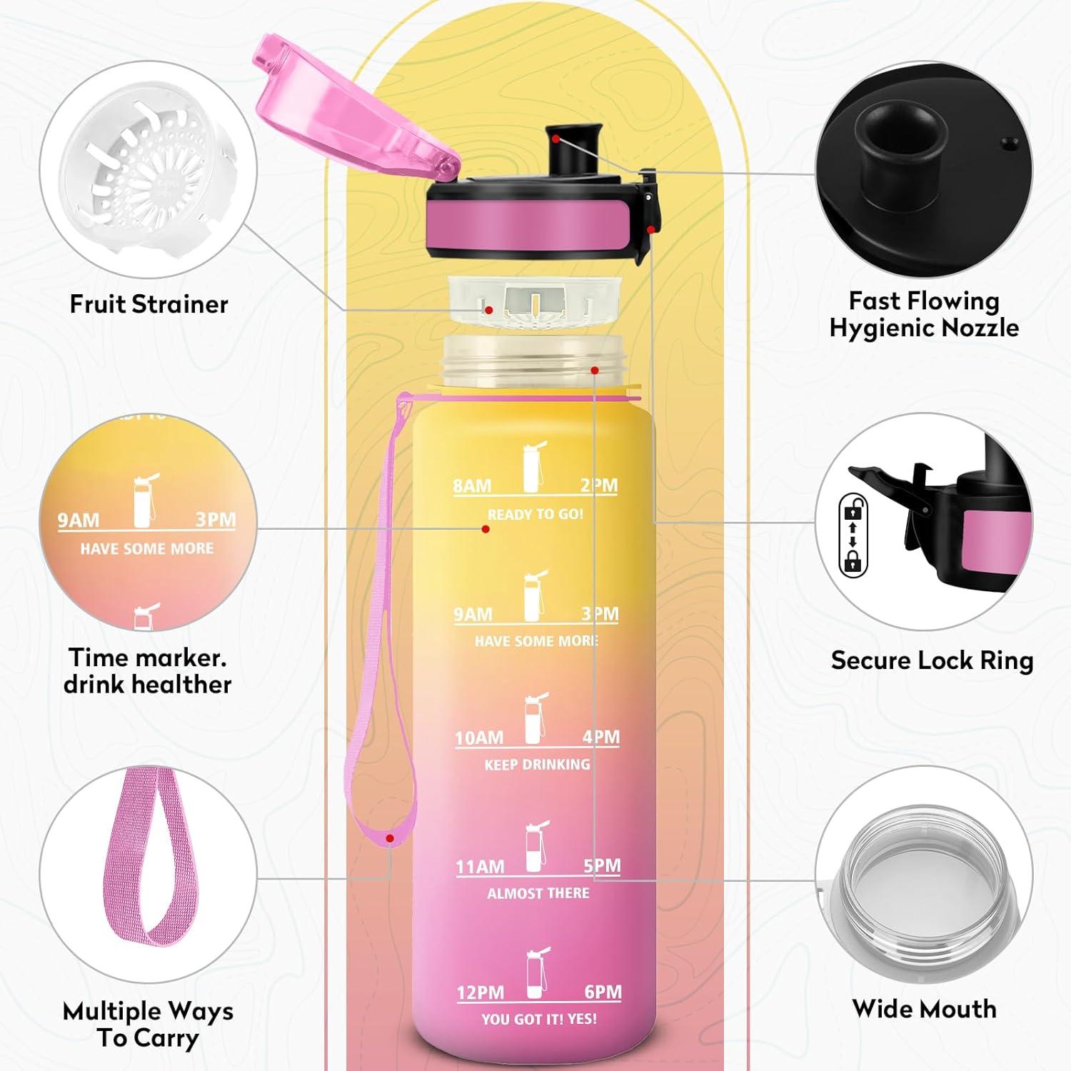 imageBouteille deau 500ml Gourde Enfant avec Filtre Gourde Sport tanche Gourdes avec Marqueur de Temps Bouteille Reutilisable Gourdes Motivation Idale pour Yoga cole Bureau Randonne32oz1000ml Jaune Rose