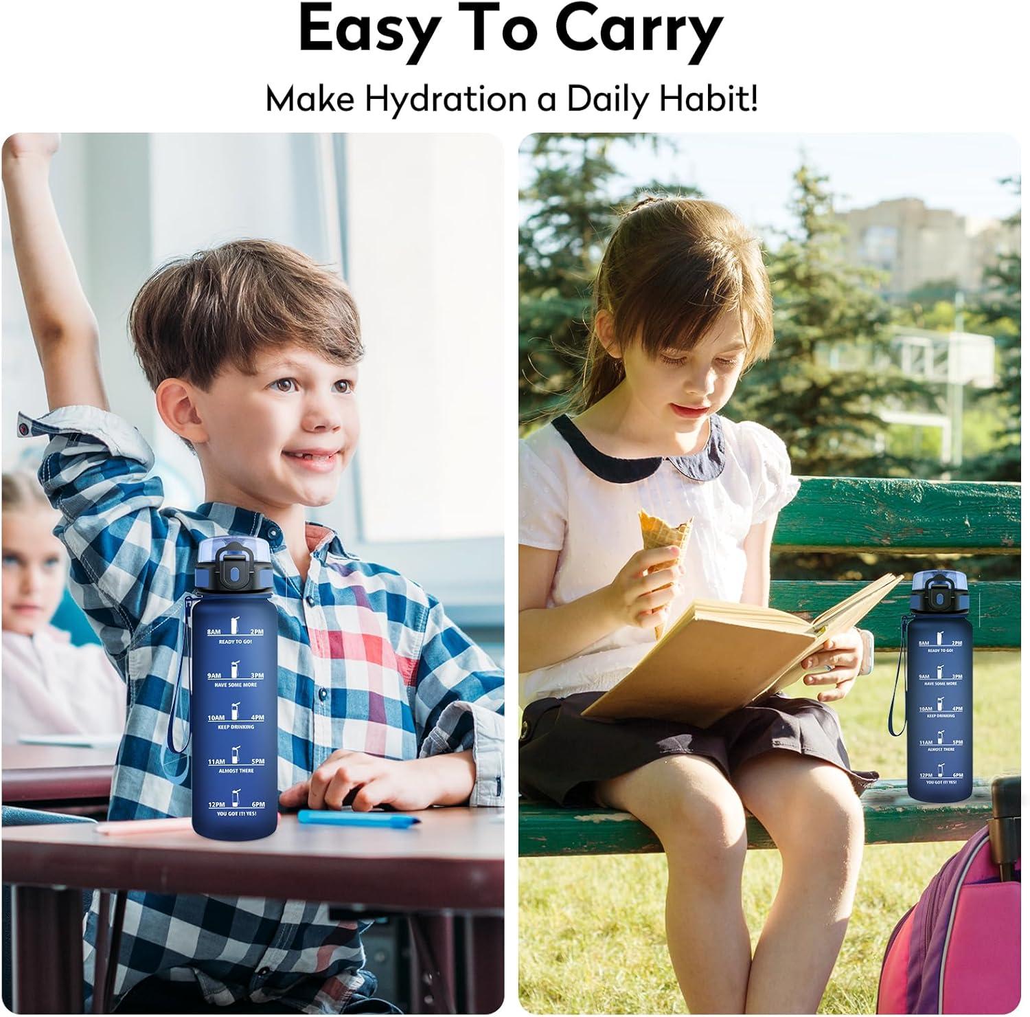 imageBouteille deau 500ml Gourde Enfant avec Filtre Gourde Sport tanche Gourdes avec Marqueur de Temps Bouteille Reutilisable Gourdes Motivation Idale pour Yoga cole Bureau Randonne17oz500ml Mat Marine Bleu