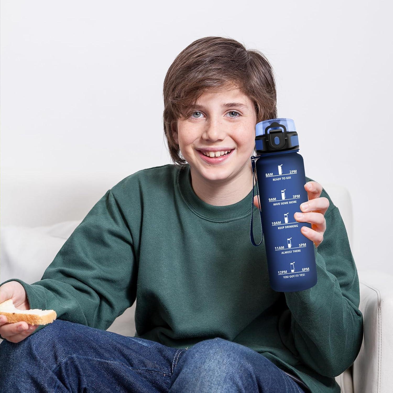 imageBouteille deau 500ml Gourde Enfant avec Filtre Gourde Sport tanche Gourdes avec Marqueur de Temps Bouteille Reutilisable Gourdes Motivation Idale pour Yoga cole Bureau Randonne17oz500ml Mat Marine Bleu