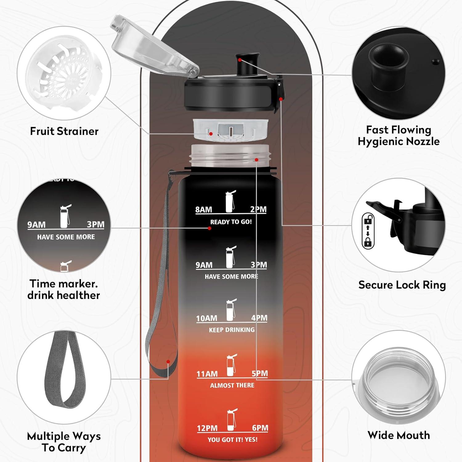imageBouteille deau 500ml Gourde Enfant avec Filtre Gourde Sport tanche Gourdes avec Marqueur de Temps Bouteille Reutilisable Gourdes Motivation Idale pour Yoga cole Bureau Randonne32oz1000ml Noir Rouge