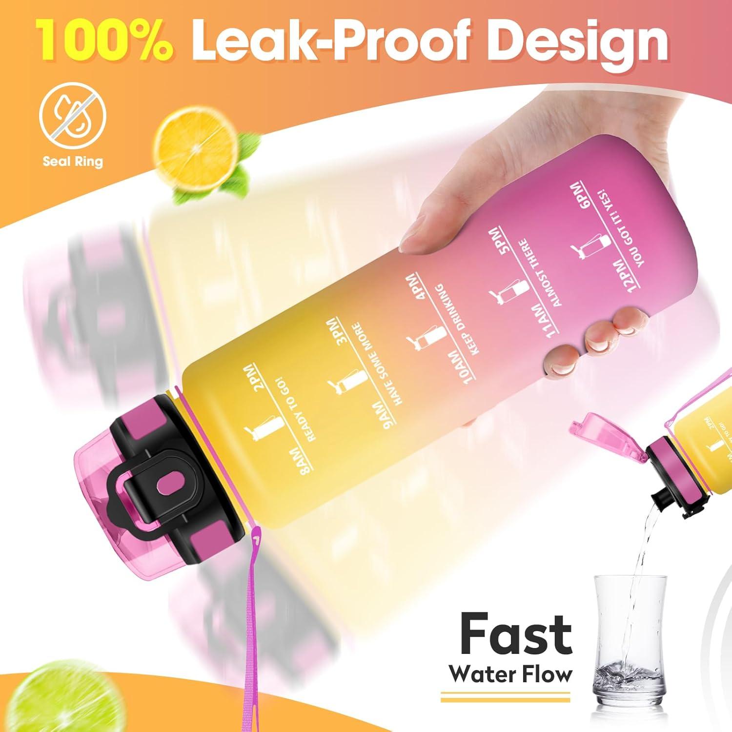 imageBouteille deau 500ml Gourde Enfant avec Filtre Gourde Sport tanche Gourdes avec Marqueur de Temps Bouteille Reutilisable Gourdes Motivation Idale pour Yoga cole Bureau Randonne17oz500ml Jaune Rose