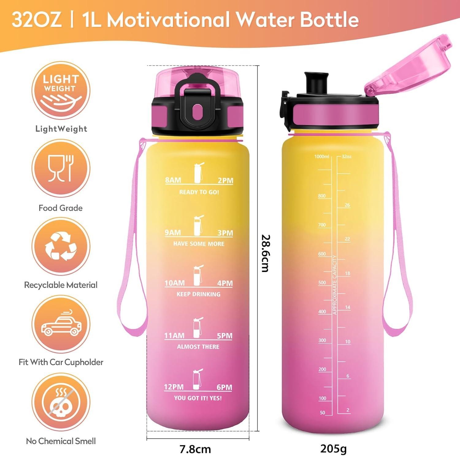 imageBouteille deau 500ml Gourde Enfant avec Filtre Gourde Sport tanche Gourdes avec Marqueur de Temps Bouteille Reutilisable Gourdes Motivation Idale pour Yoga cole Bureau Randonne32oz1000ml Jaune Rose