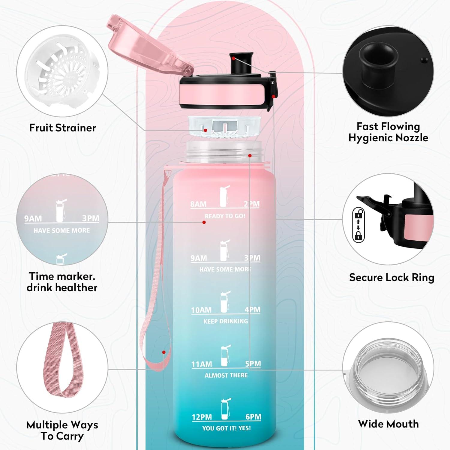 imageBouteille deau 500ml Gourde Enfant avec Filtre Gourde Sport tanche Gourdes avec Marqueur de Temps Bouteille Reutilisable Gourdes Motivation Idale pour Yoga cole Bureau Randonne32oz1000ml Rose Cyan