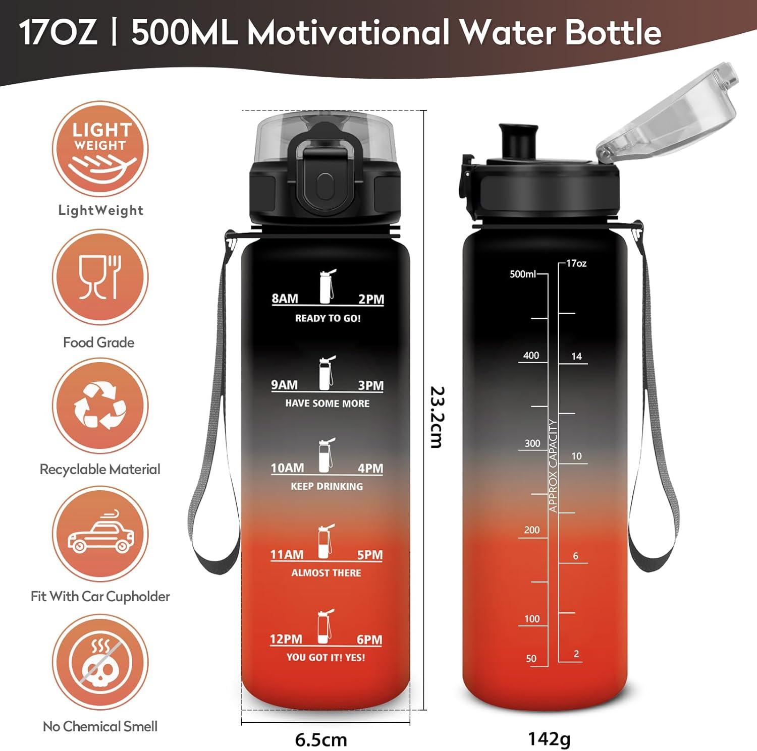 imageBouteille deau 500ml Gourde Enfant avec Filtre Gourde Sport tanche Gourdes avec Marqueur de Temps Bouteille Reutilisable Gourdes Motivation Idale pour Yoga cole Bureau Randonne17oz500ml Noir Rouge