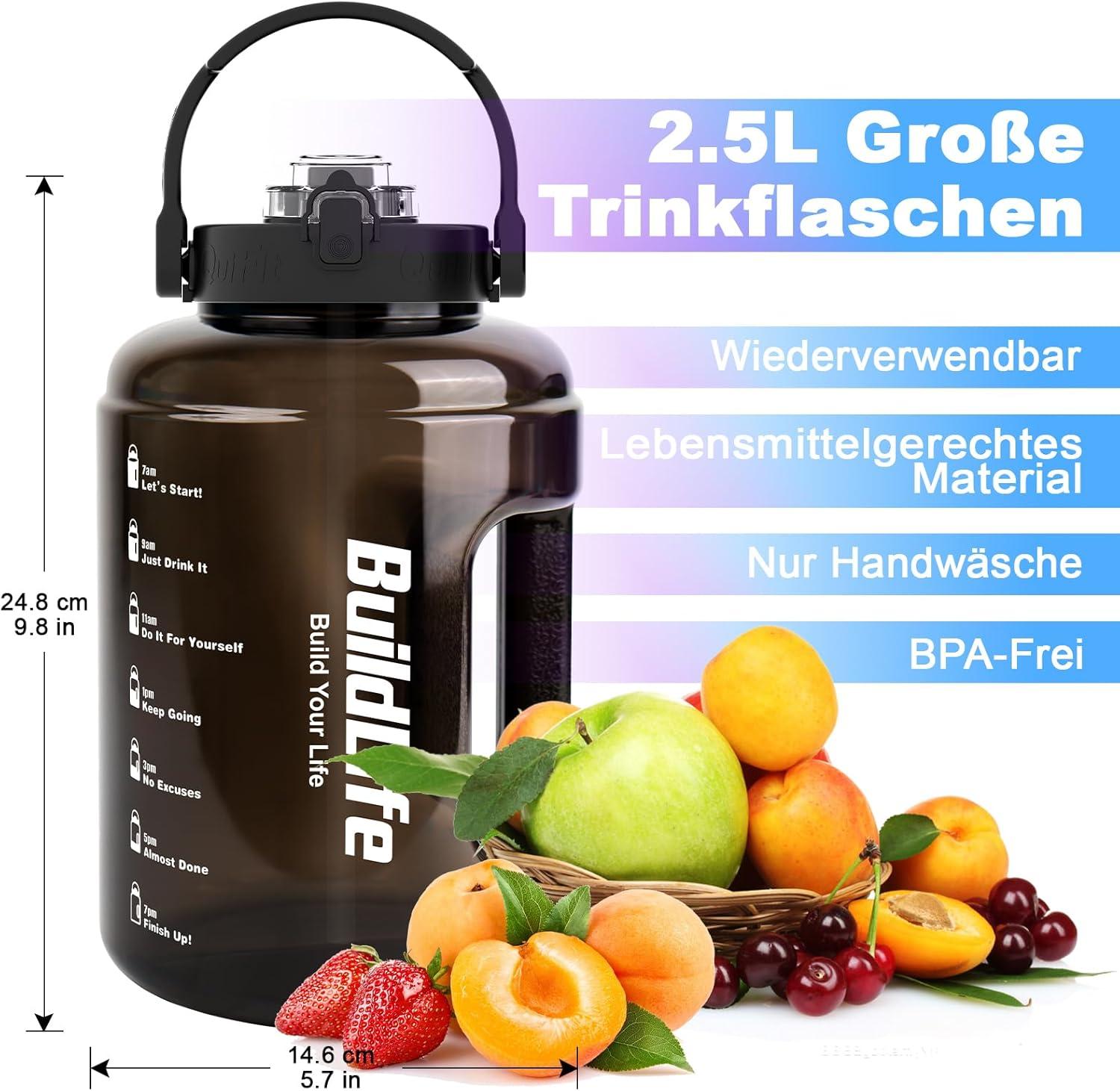 imageBuildLife Gourde de sport de 25 L avec marqueur de temps et couvercle 2en1 Sans BPA Bouteille deau pour le gym 2500 ml NoirViolet