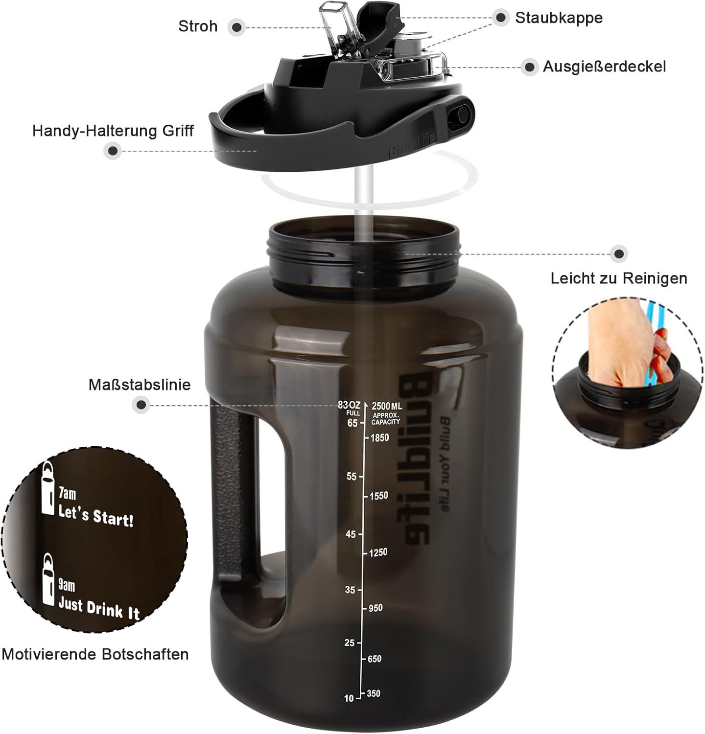 imageBuildLife Gourde de sport de 25 L avec marqueur de temps et couvercle 2en1 Sans BPA Bouteille deau pour le gym 2500 ml NoirViolet