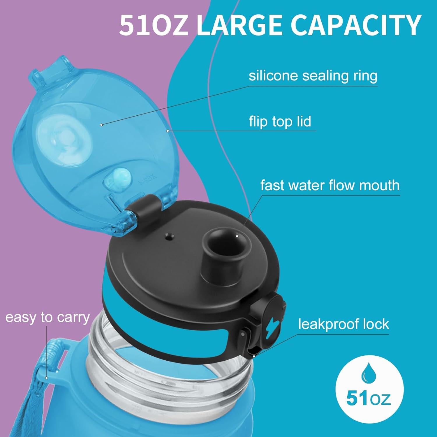 imageGrsta Gourde 15L Gourde Sport sans BPA Bouteille deau Gourde Gradue pour 1 Journee Filtre et Marqueur de Temps Gourde Motivation pour la randonne lcole Noir rougeBleu Violet