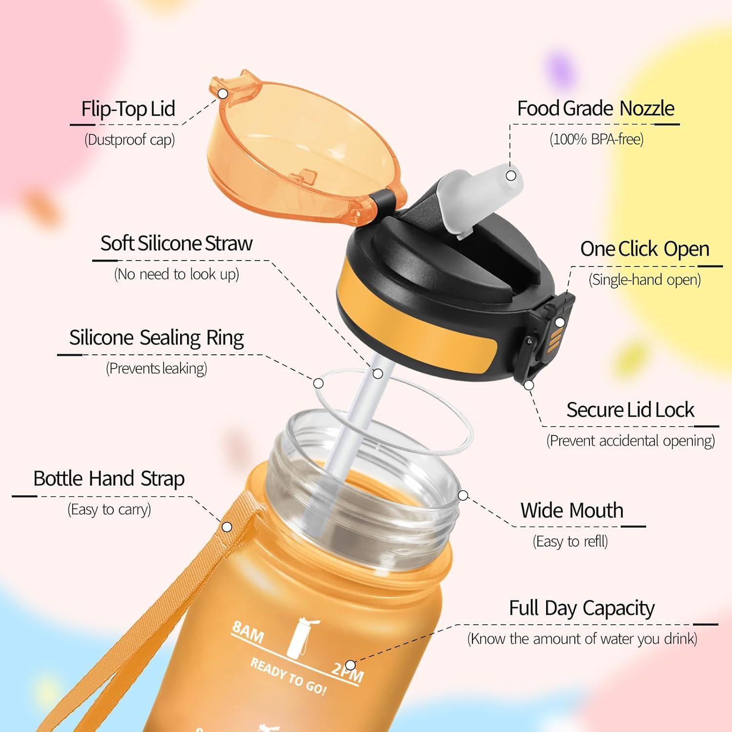 imageHoneyHolly Gourde 15L Bouteille Gourde Sport avec Paille Water Bottle Motivation avec Marqueur de Temps Water Bottle tanche Bouteille deau pour Randonne Camping Fitness CyclismeOrange Ambr 1000 Ml