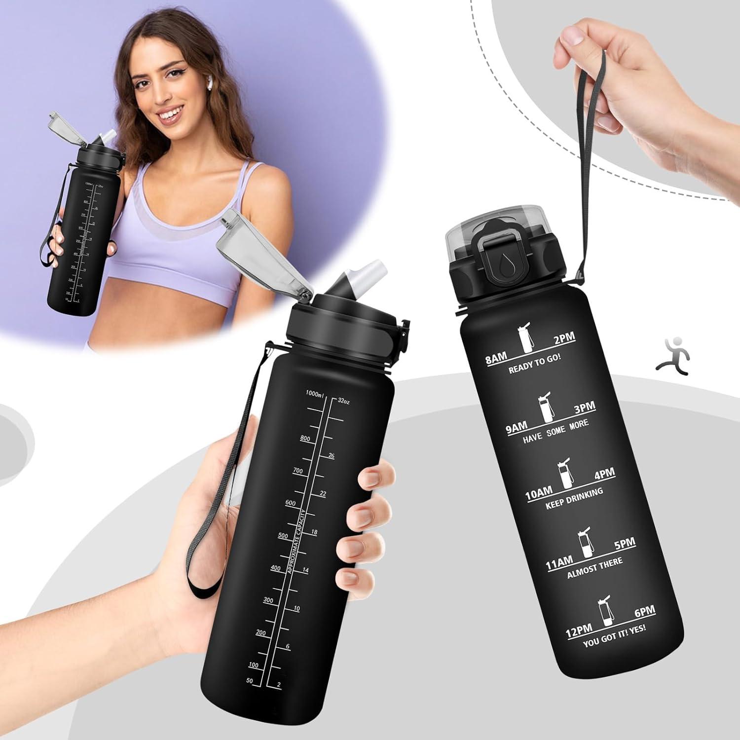 imageHoneyHolly Gourde 15L Bouteille Gourde Sport avec Paille Water Bottle Motivation avec Marqueur de Temps Water Bottle tanche Bouteille deau pour Randonne Camping Fitness CyclismeBlack With Label Color 1000 Ml