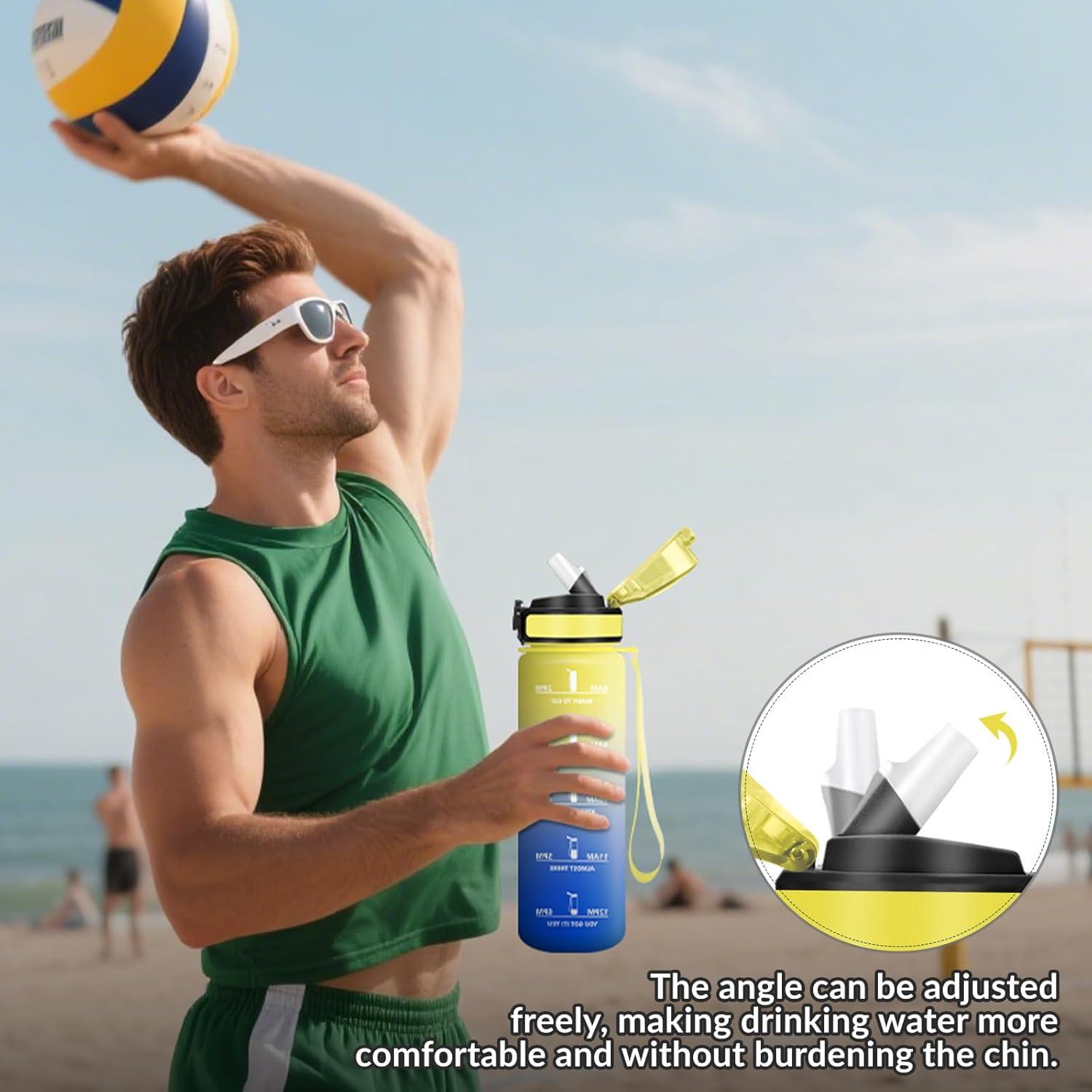 imageHoneyHolly Gourde 15L Bouteille Gourde Sport avec Paille Water Bottle Motivation avec Marqueur de Temps Water Bottle tanche Bouteille deau pour Randonne Camping Fitness CyclismeJaunebleu 1000 Ml