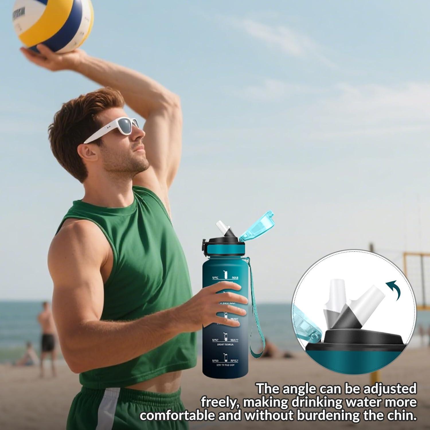 imageHoneyHolly Gourde 15L Bouteille Gourde Sport avec Paille Water Bottle Motivation avec Marqueur de Temps Water Bottle tanche Bouteille deau pour Randonne Camping Fitness CyclismeVertgris 1500 Ml