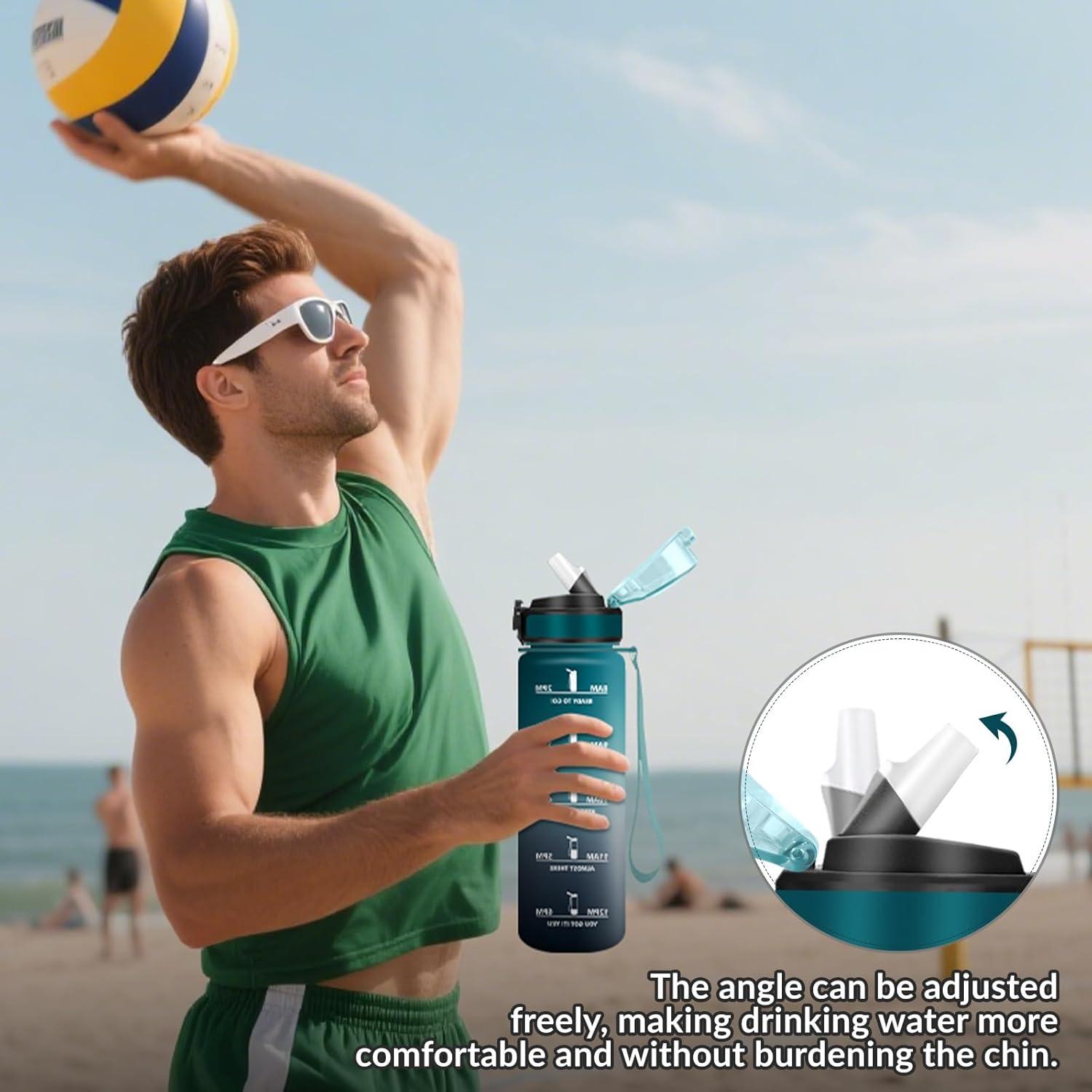 imageHoneyHolly Gourde 15L Bouteille Gourde Sport avec Paille Water Bottle Motivation avec Marqueur de Temps Water Bottle tanche Bouteille deau pour Randonne Camping Fitness CyclismeVertgris 1000 Ml