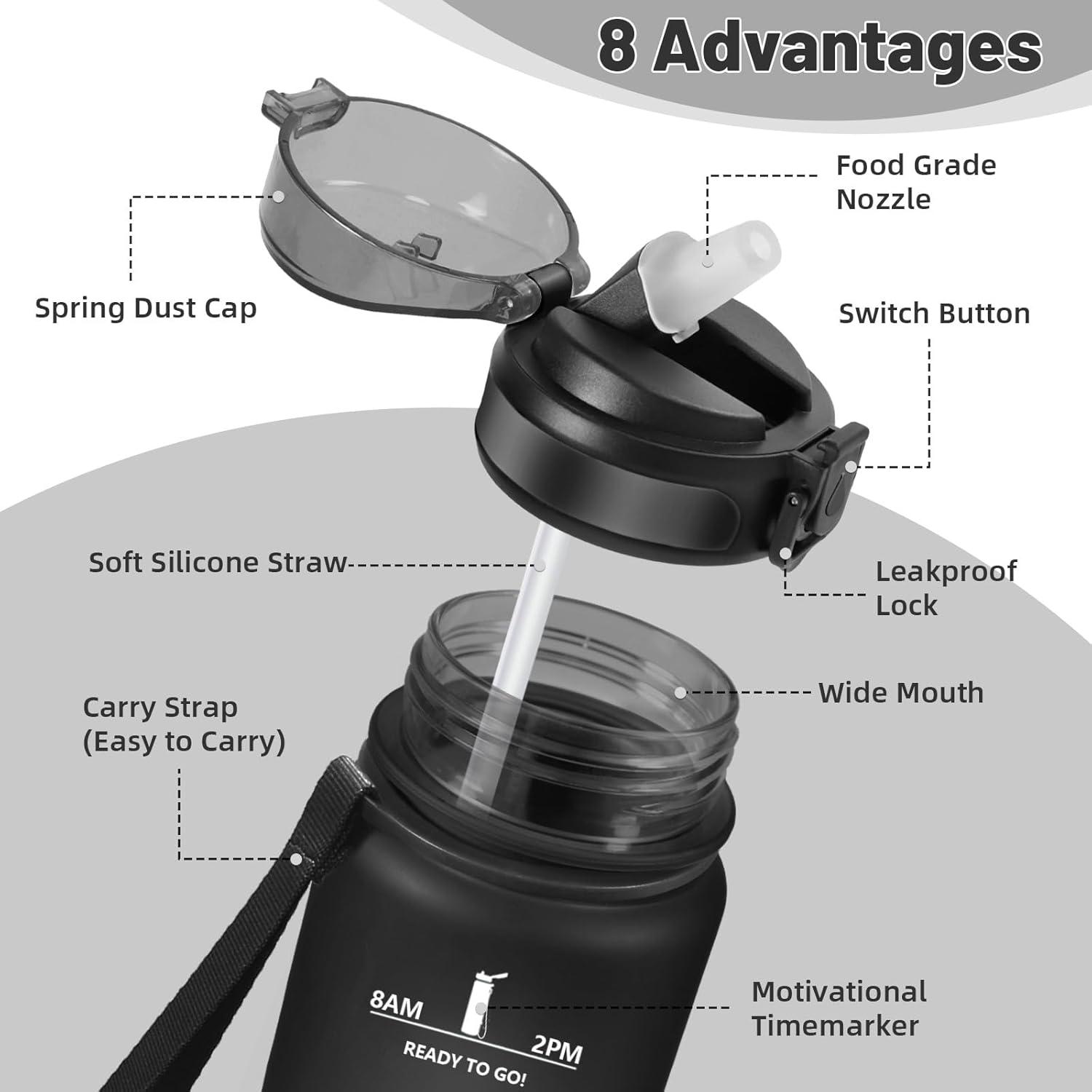 imageHoneyHolly Gourde 15L Bouteille Gourde Sport avec Paille Water Bottle Motivation avec Marqueur de Temps Water Bottle tanche Bouteille deau pour Randonne Camping Fitness CyclismeBlack With Label Color 1000 Ml