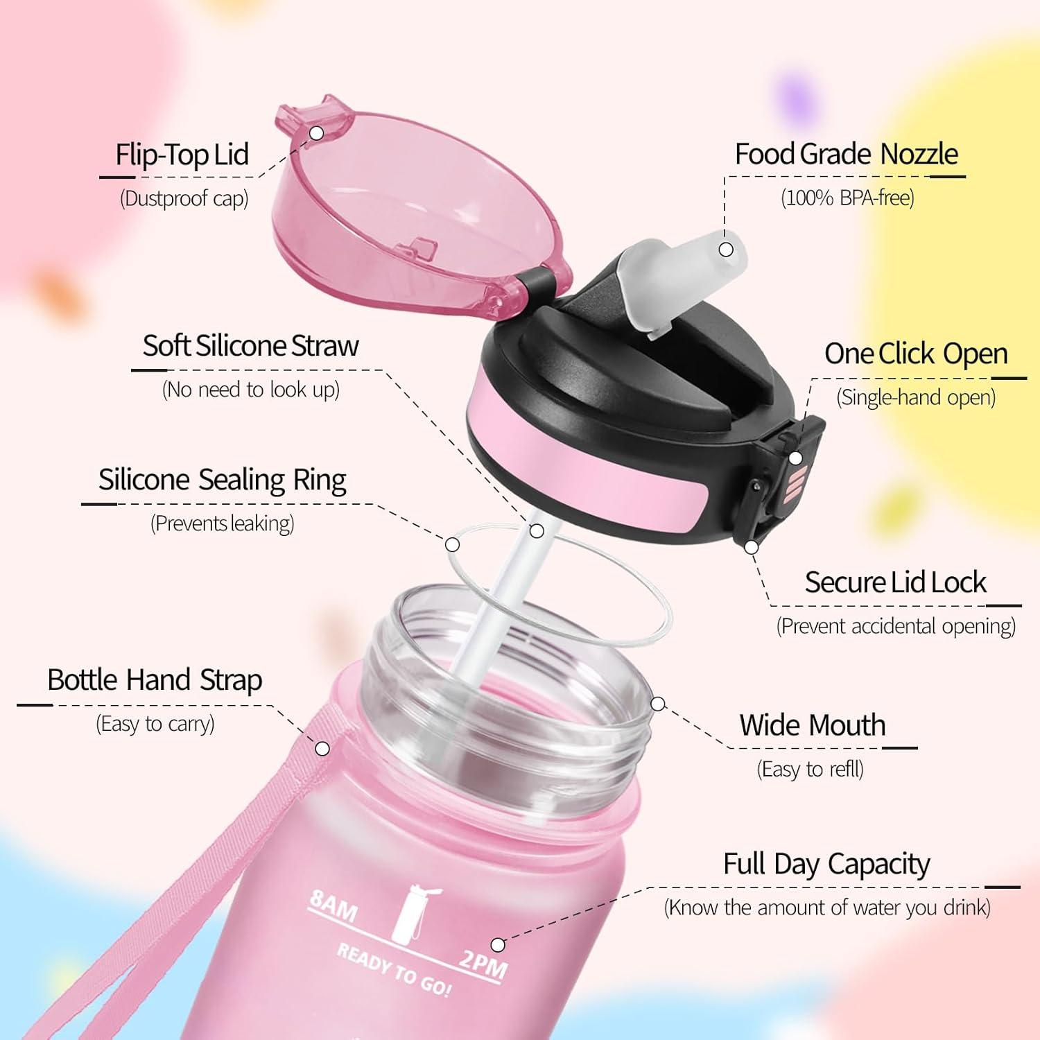 imageHoneyHolly Gourde 15L Bouteille Gourde Sport avec Paille Water Bottle Motivation avec Marqueur de Temps Water Bottle tanche Bouteille deau pour Randonne Camping Fitness CyclismePinkrose 1000ml