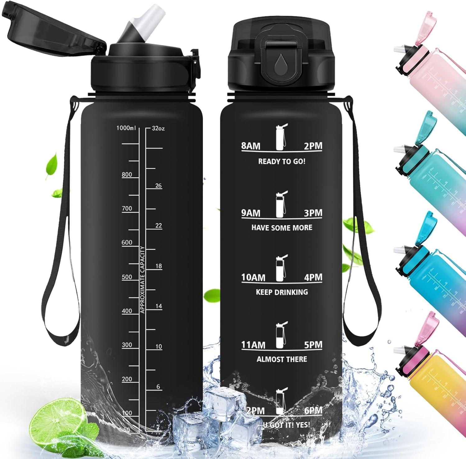 imageHoneyHolly Gourde 15L Bouteille Gourde Sport avec Paille Water Bottle Motivation avec Marqueur de Temps Water Bottle tanche Bouteille deau pour Randonne Camping Fitness CyclismeBlack With Label Color 1000 Ml