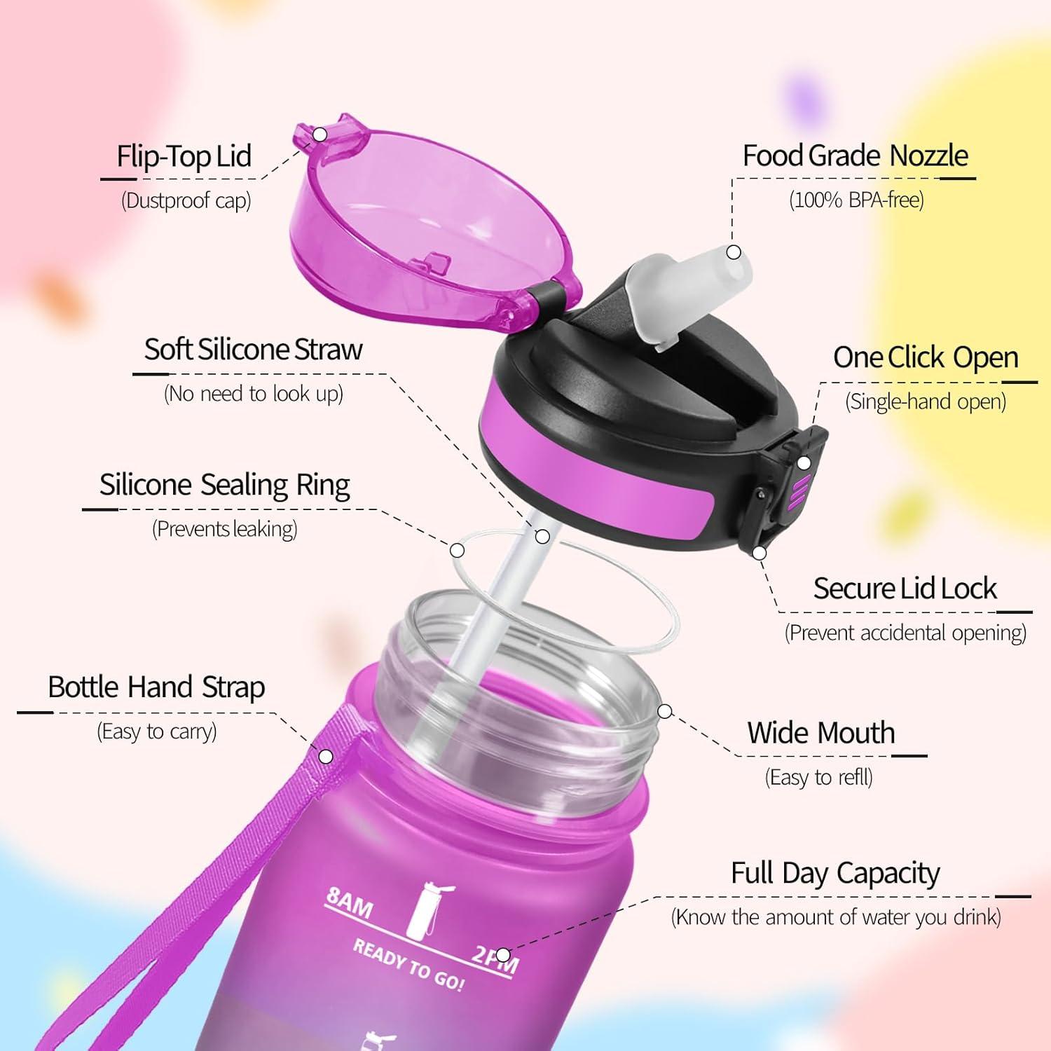 imageHoneyHolly Gourde 15L Bouteille Gourde Sport avec Paille Water Bottle Motivation avec Marqueur de Temps Water Bottle tanche Bouteille deau pour Randonne Camping Fitness CyclismeRosacyan 1000ml