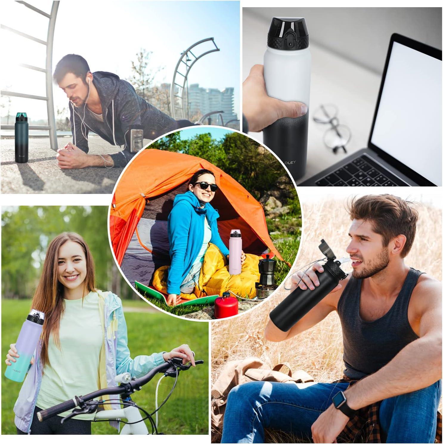 imageOLDLEY Bouteille deau en Acier Inoxydable avec Paille 1L Isotherme Sous Vide Grande gourde en Mtal tanche Garder les Boissons au Chaud et au Froid pour Vlo Camping Sports Gym Adulte Femme HommeNoir