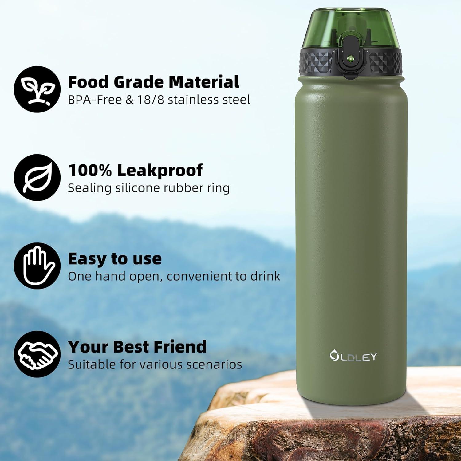 imageOLDLEY Bouteille deau en Acier Inoxydable avec Paille 1L Isotherme Sous Vide Grande gourde en Mtal tanche Garder les Boissons au Chaud et au Froid pour Vlo Camping Sports Gym Adulte Femme HommeOlive Vert