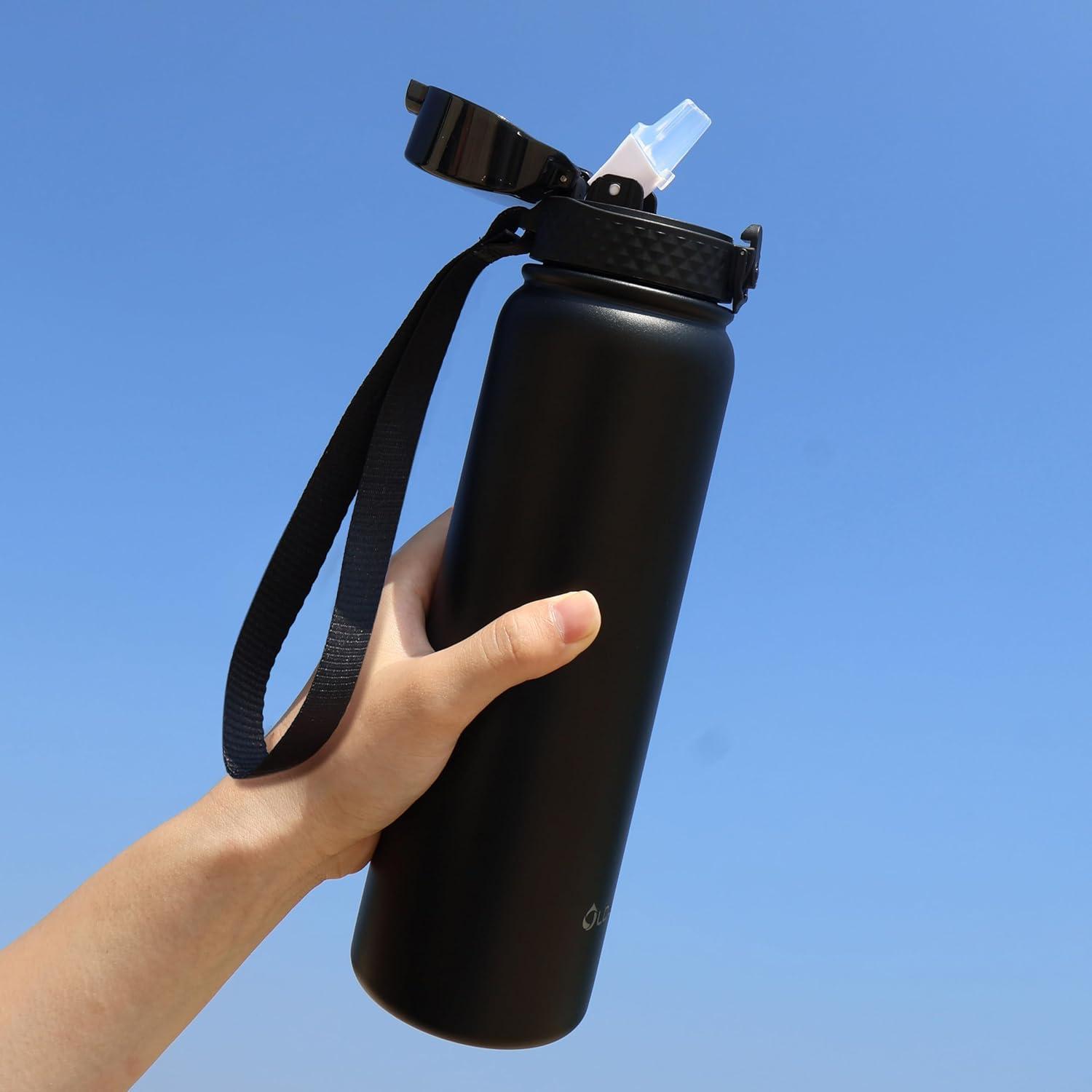imageOLDLEY Bouteille deau en Acier Inoxydable avec Paille 1L Isotherme Sous Vide Grande gourde en Mtal tanche Garder les Boissons au Chaud et au Froid pour Vlo Camping Sports Gym Adulte Femme HommeNoir