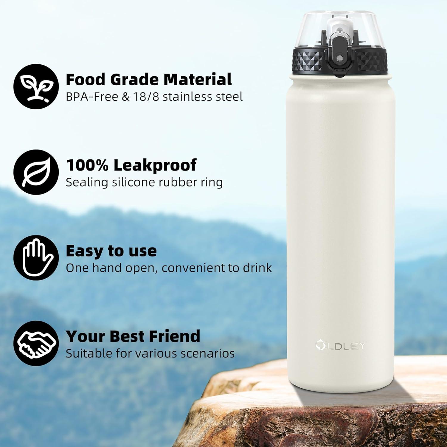 imageOLDLEY Bouteille deau en Acier Inoxydable avec Paille 1L Isotherme Sous Vide Grande gourde en Mtal tanche Garder les Boissons au Chaud et au Froid pour Vlo Camping Sports Gym Adulte Femme HommeCrme