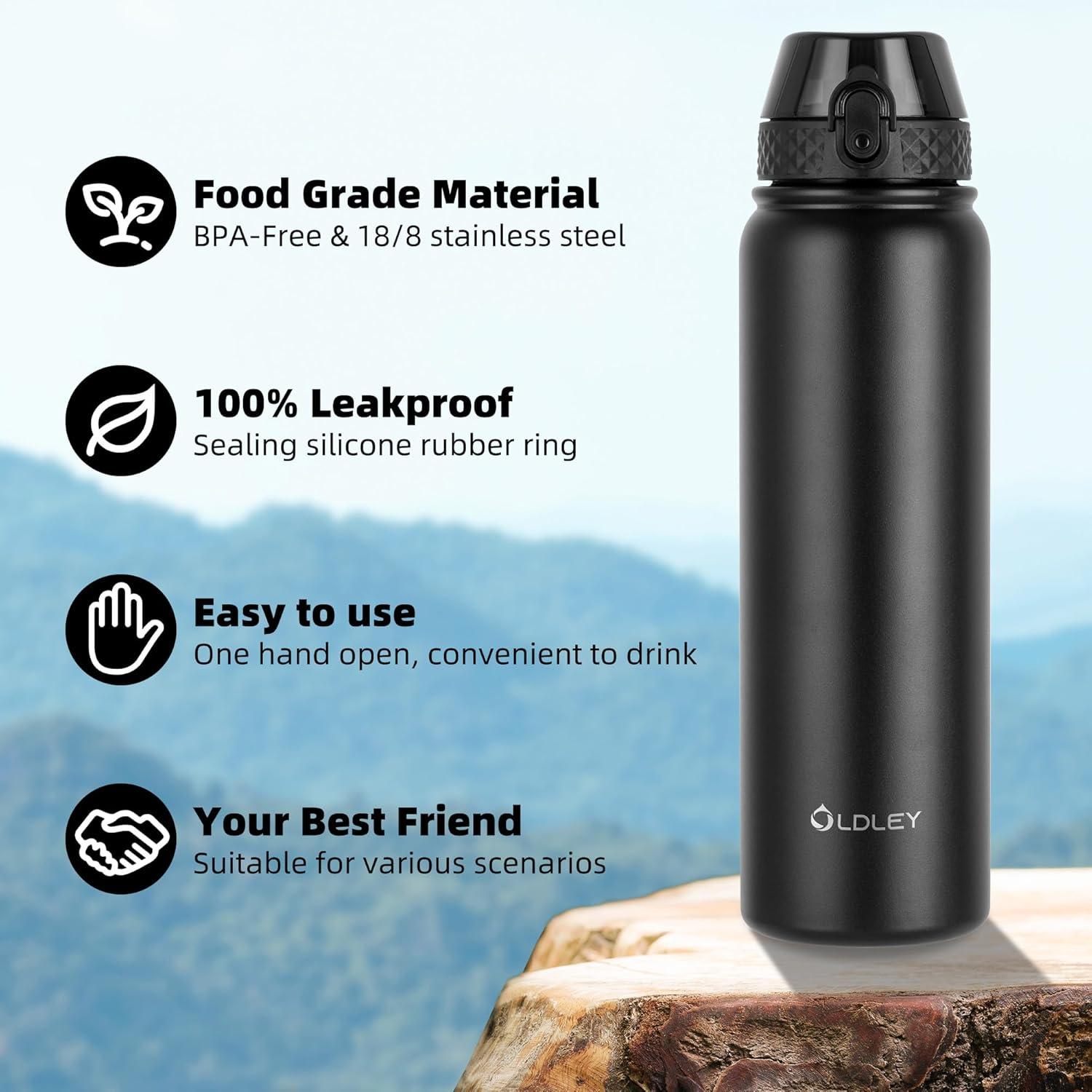 imageOLDLEY Bouteille deau en Acier Inoxydable avec Paille 1L Isotherme Sous Vide Grande gourde en Mtal tanche Garder les Boissons au Chaud et au Froid pour Vlo Camping Sports Gym Adulte Femme HommeNoir