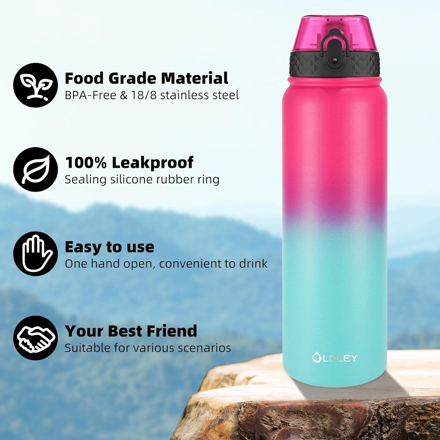 imageOLDLEY Bouteille deau en Acier Inoxydable avec Paille 1L Isotherme Sous Vide Grande gourde en Mtal tanche Garder les Boissons au Chaud et au Froid pour Vlo Camping Sports Gym Adulte Femme HommeRos Vert