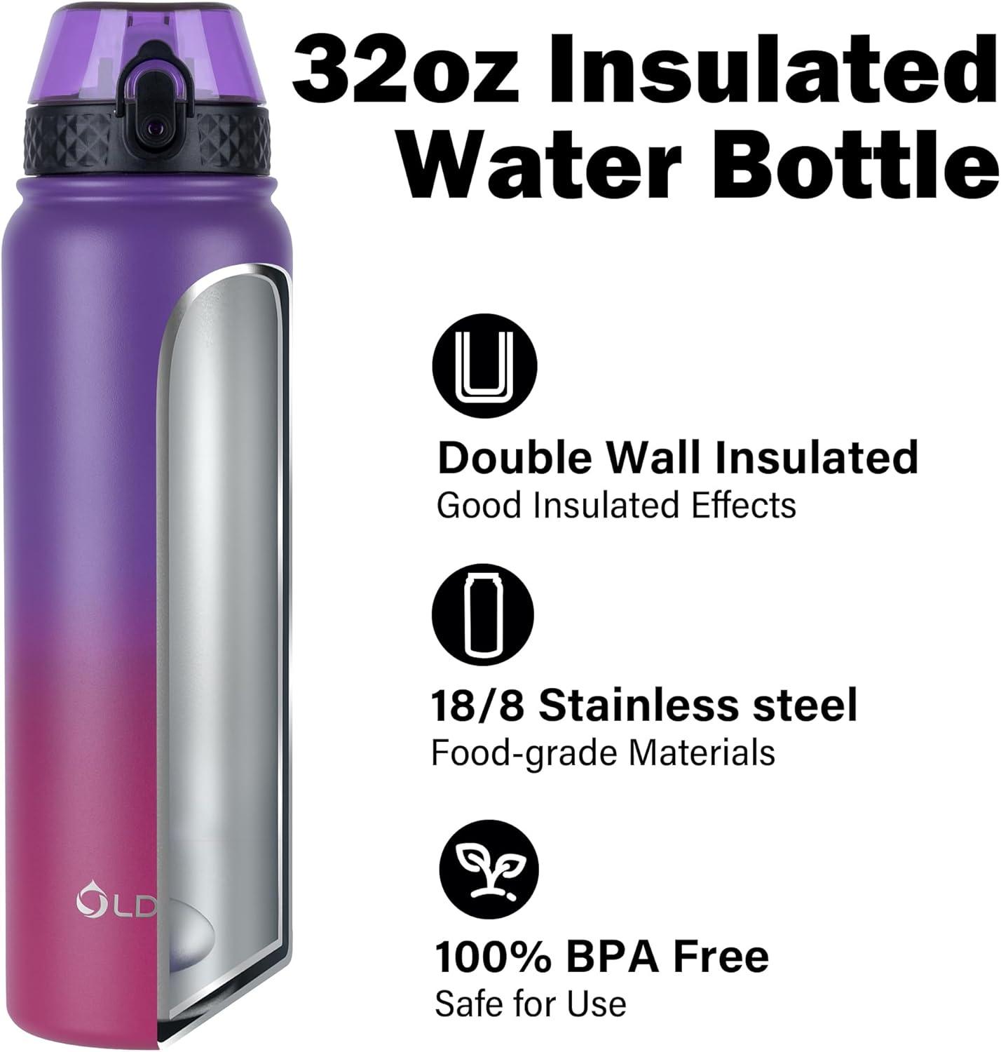 imageOLDLEY Bouteille deau en Acier Inoxydable avec Paille 1L Isotherme Sous Vide Grande gourde en Mtal tanche Garder les Boissons au Chaud et au Froid pour Vlo Camping Sports Gym Adulte Femme HommeViolet Rose