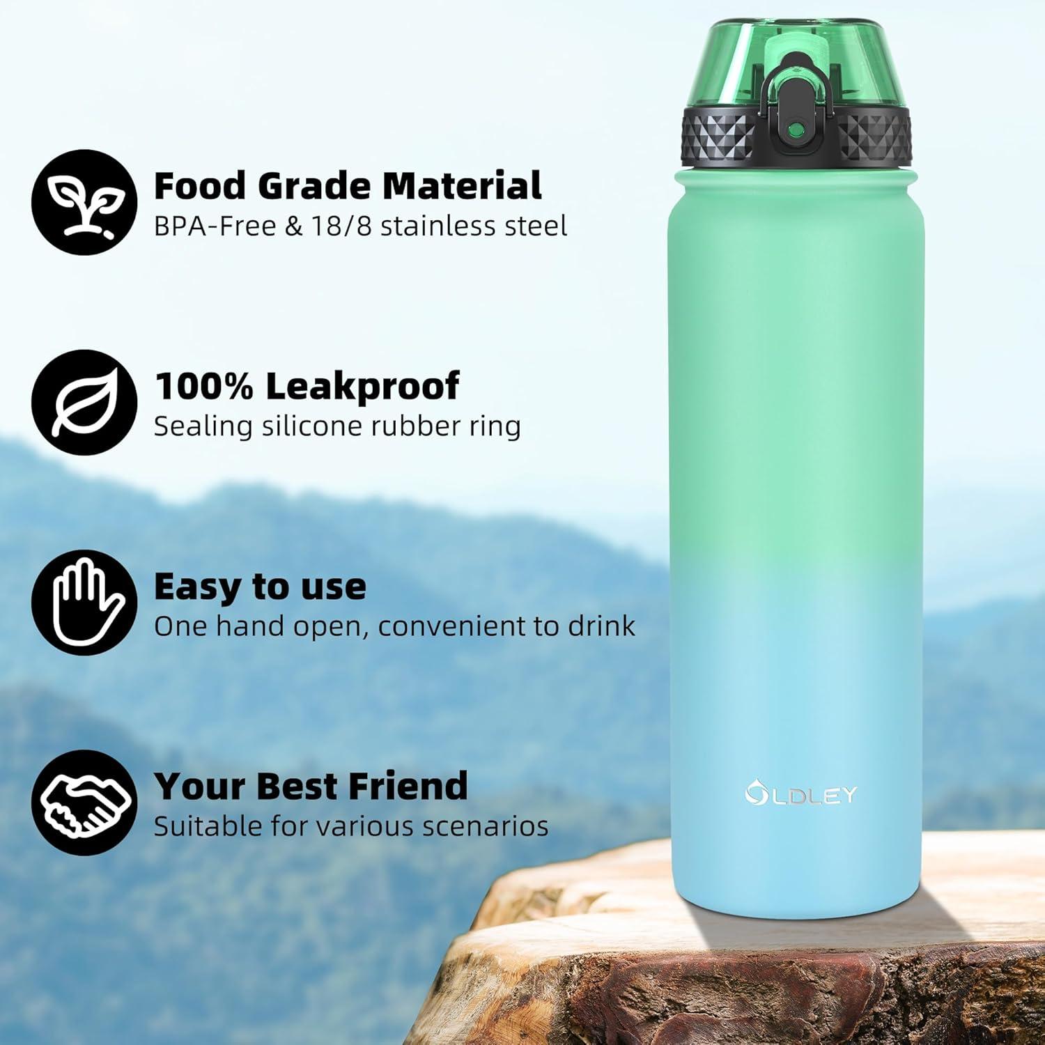 imageOLDLEY Bouteille deau en Acier Inoxydable avec Paille 1L Isotherme Sous Vide Grande gourde en Mtal tanche Garder les Boissons au Chaud et au Froid pour Vlo Camping Sports Gym Adulte Femme HommeFeuille Vertbleu