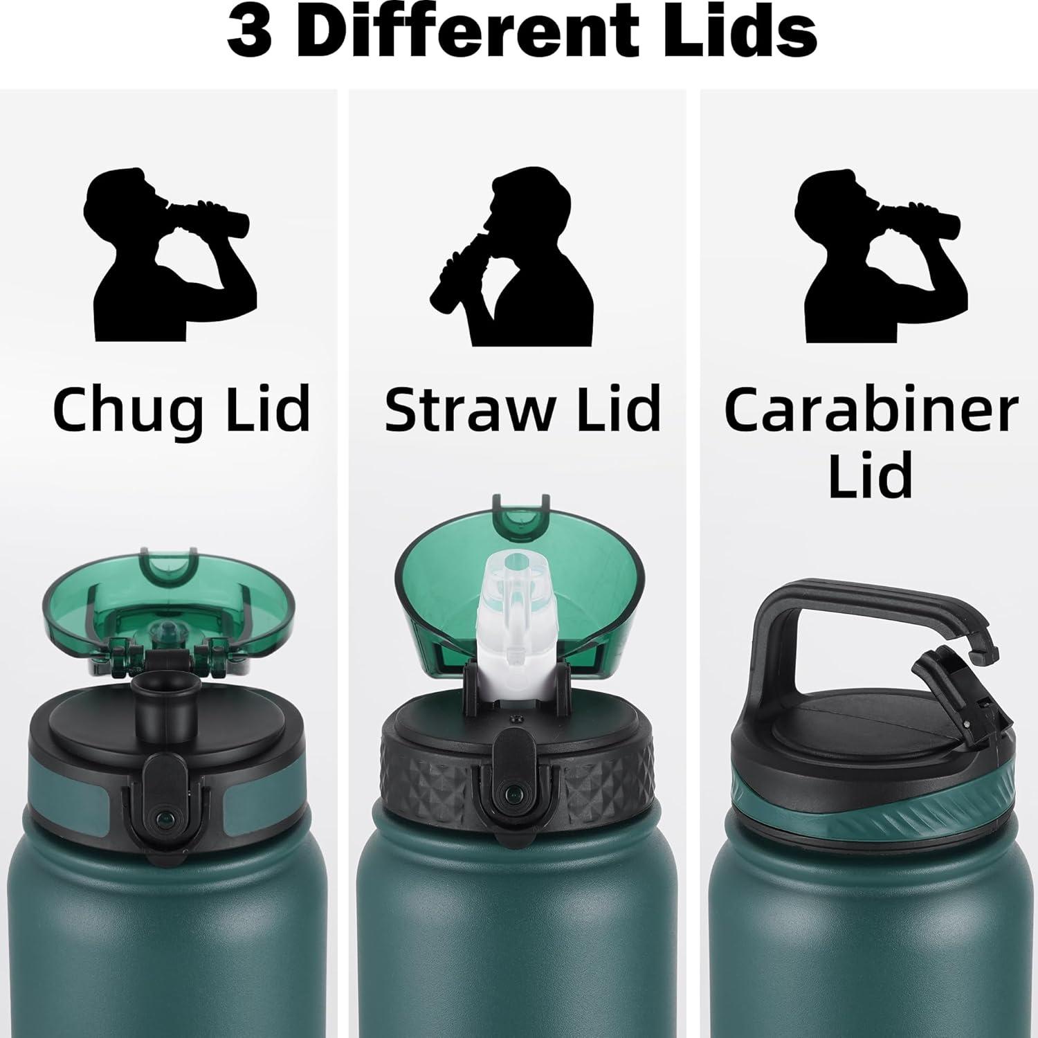 imageOLDLEY Bouteille deau en Acier Inoxydable avec Paille 1L Isotherme Sous Vide Grande gourde en Mtal tanche Garder les Boissons au Chaud et au Froid pour Vlo Camping Sports Gym Adulte Femme HommeFonc Vert Noir