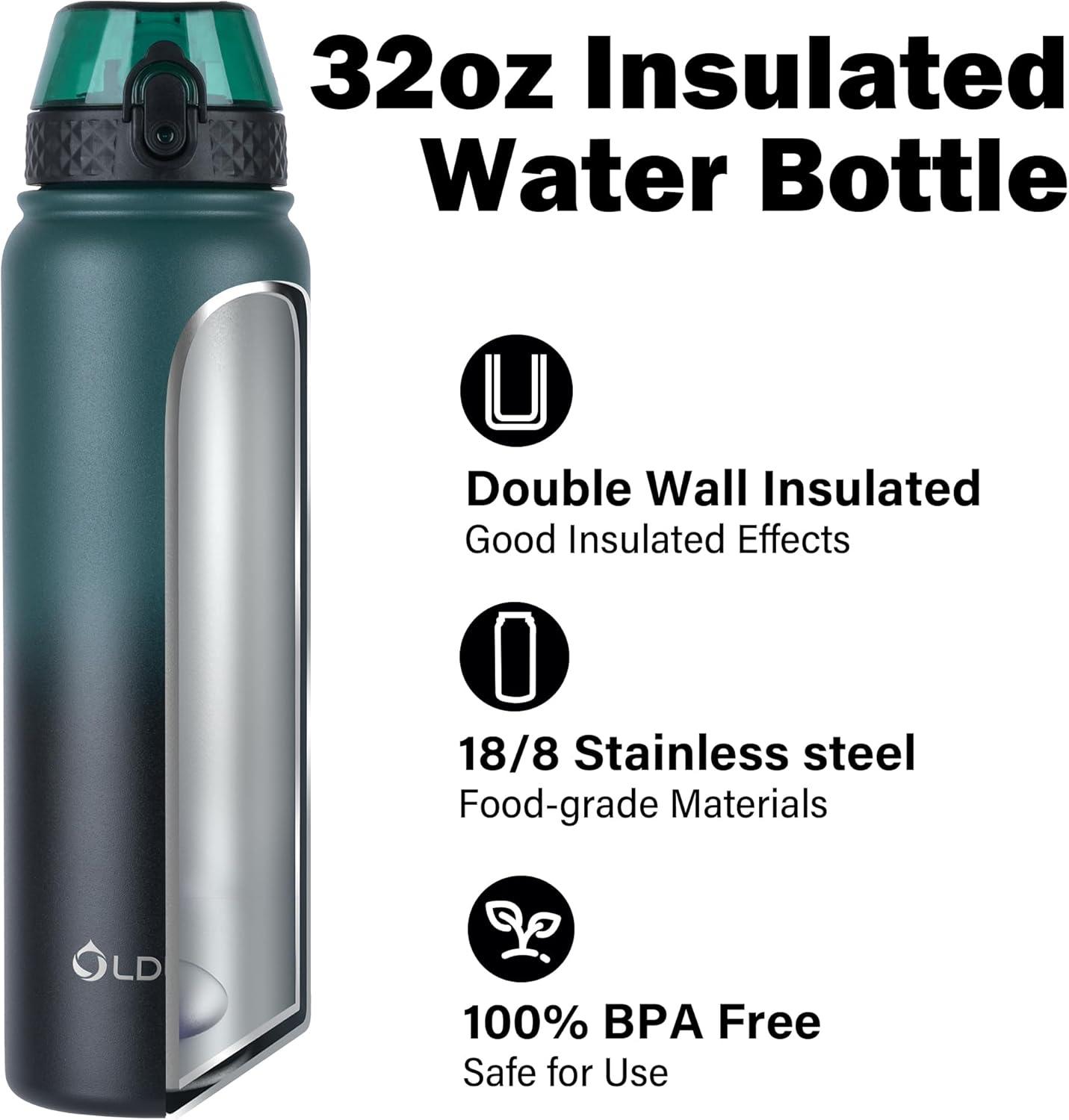 imageOLDLEY Bouteille deau en Acier Inoxydable avec Paille 1L Isotherme Sous Vide Grande gourde en Mtal tanche Garder les Boissons au Chaud et au Froid pour Vlo Camping Sports Gym Adulte Femme HommeFonc Vert Noir
