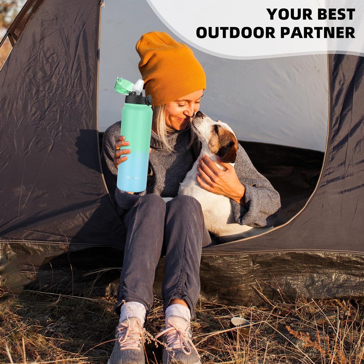 imageOLDLEY Bouteille deau en Acier Inoxydable avec Paille 1L Isotherme Sous Vide Grande gourde en Mtal tanche Garder les Boissons au Chaud et au Froid pour Vlo Camping Sports Gym Adulte Femme HommeFeuille Vertbleu