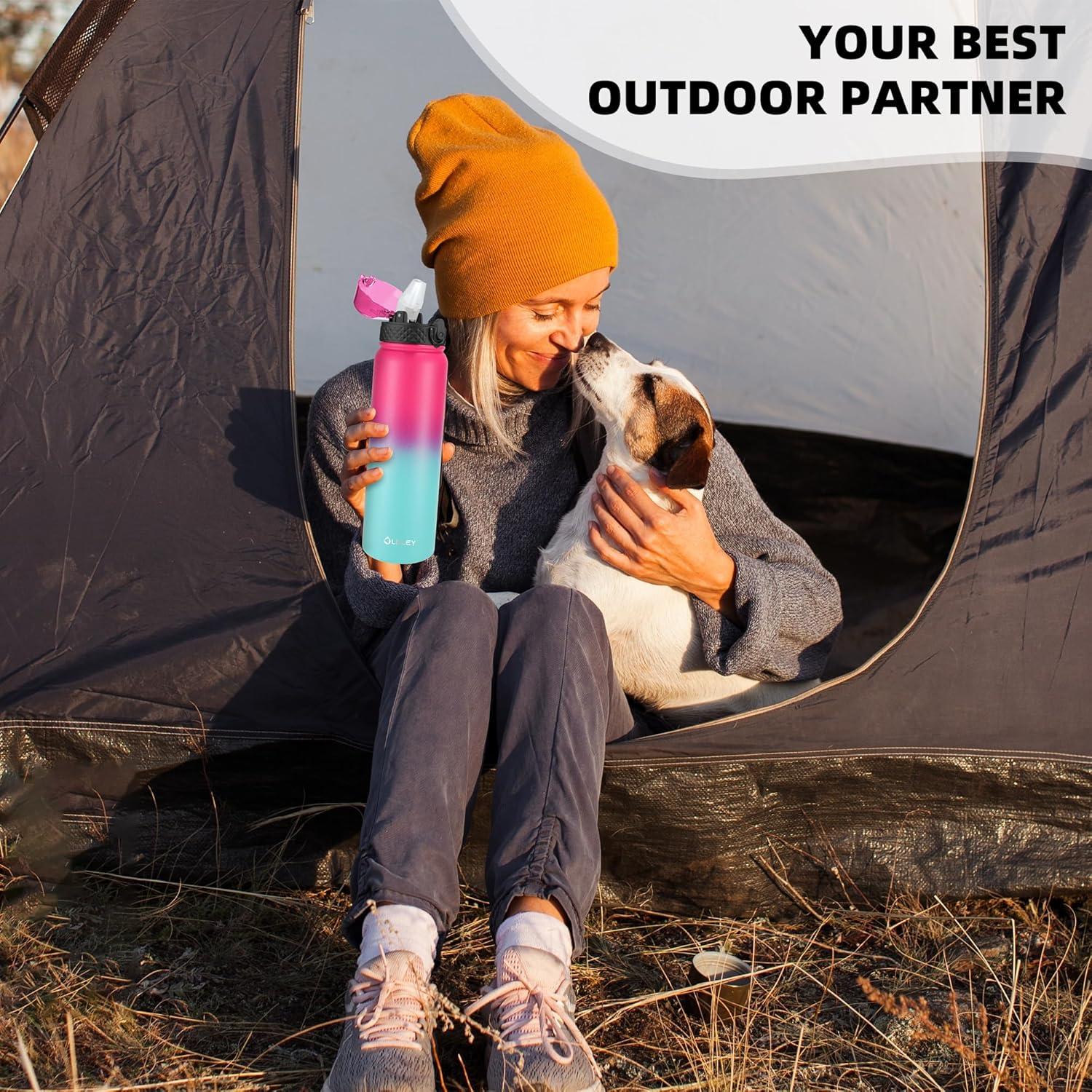 imageOLDLEY Bouteille deau en Acier Inoxydable avec Paille 1L Isotherme Sous Vide Grande gourde en Mtal tanche Garder les Boissons au Chaud et au Froid pour Vlo Camping Sports Gym Adulte Femme HommeRos Vert