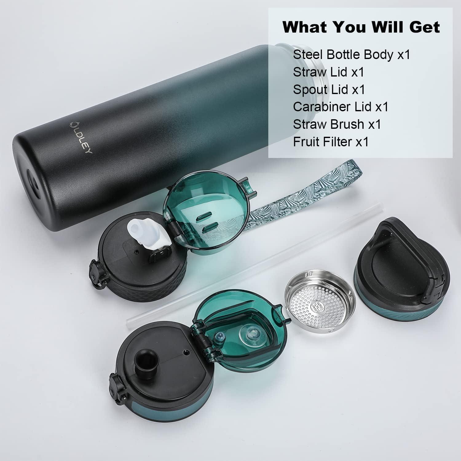 imageOLDLEY Bouteille deau en Acier Inoxydable avec Paille 1L Isotherme Sous Vide Grande gourde en Mtal tanche Garder les Boissons au Chaud et au Froid pour Vlo Camping Sports Gym Adulte Femme HommeFonc Vert Noir