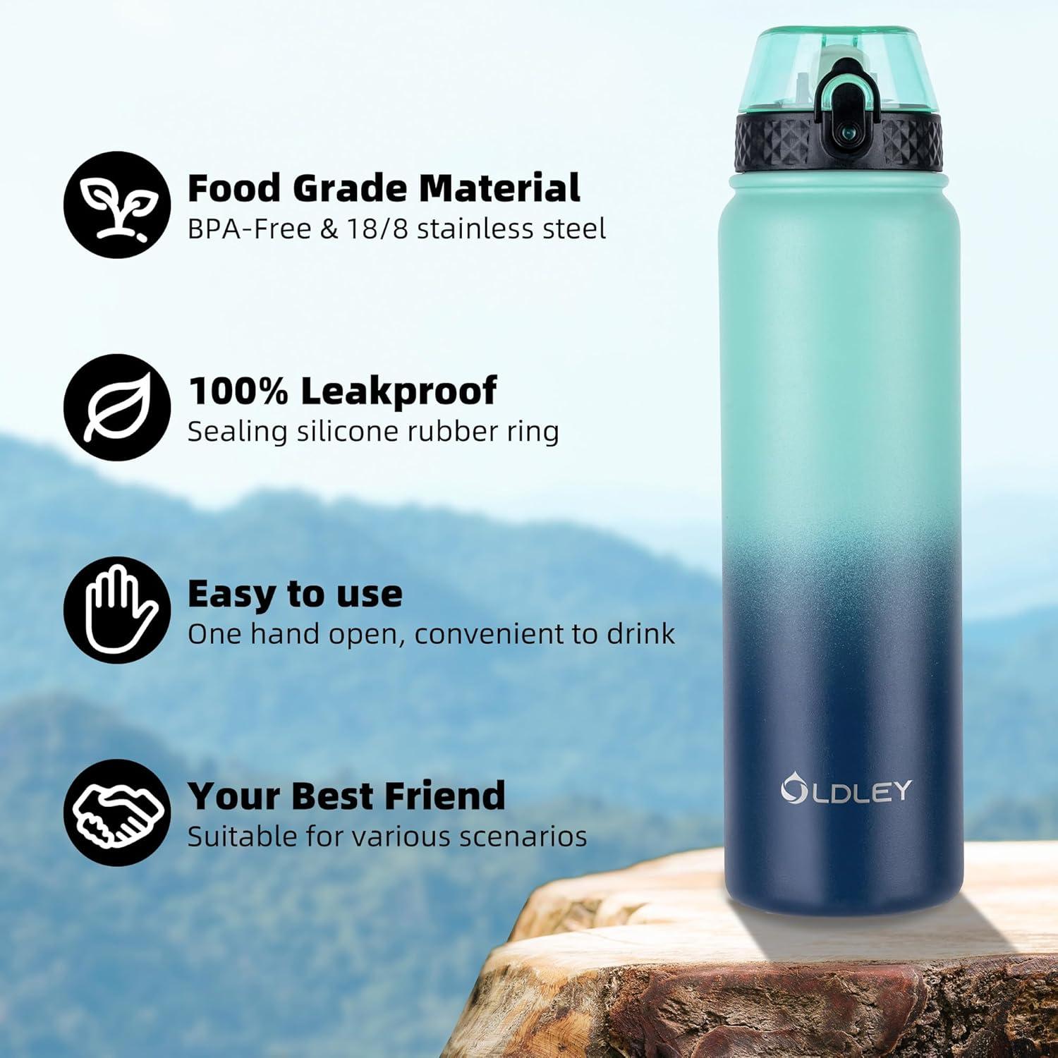 imageOLDLEY Bouteille deau en Acier Inoxydable avec Paille 1L Isotherme Sous Vide Grande gourde en Mtal tanche Garder les Boissons au Chaud et au Froid pour Vlo Camping Sports Gym Adulte Femme HommeVert Bleu