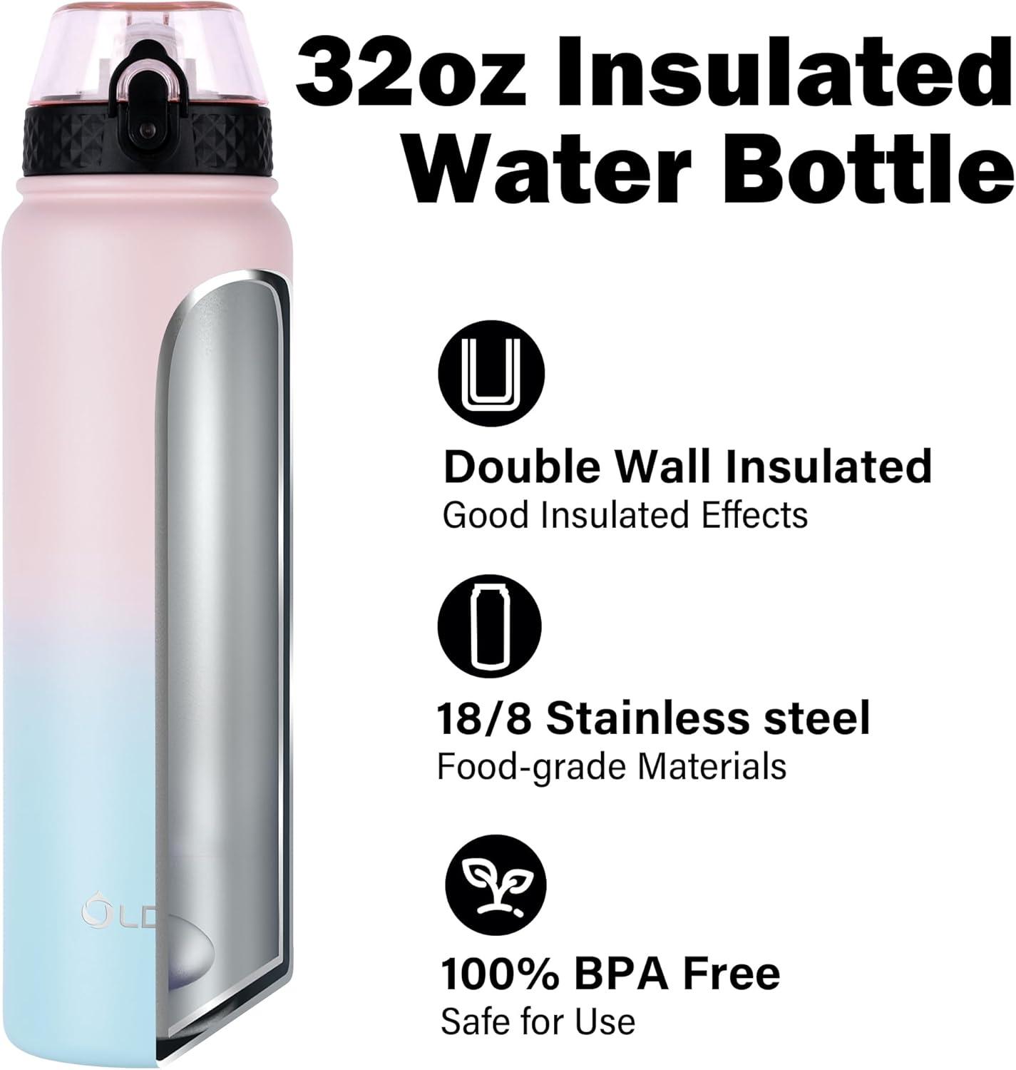 imageOLDLEY Bouteille deau en Acier Inoxydable avec Paille 1L Isotherme Sous Vide Grande gourde en Mtal tanche Garder les Boissons au Chaud et au Froid pour Vlo Camping Sports Gym Adulte Femme HommeRose Bleu