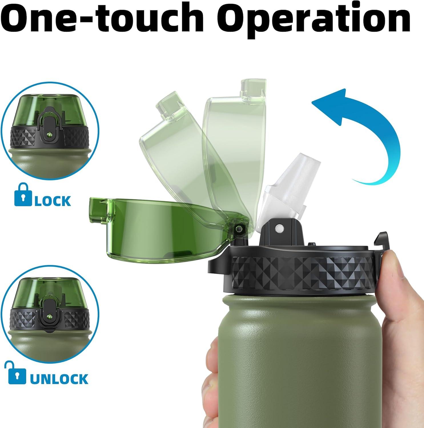 imageOLDLEY Bouteille deau en Acier Inoxydable avec Paille 1L Isotherme Sous Vide Grande gourde en Mtal tanche Garder les Boissons au Chaud et au Froid pour Vlo Camping Sports Gym Adulte Femme HommeOlive Vert