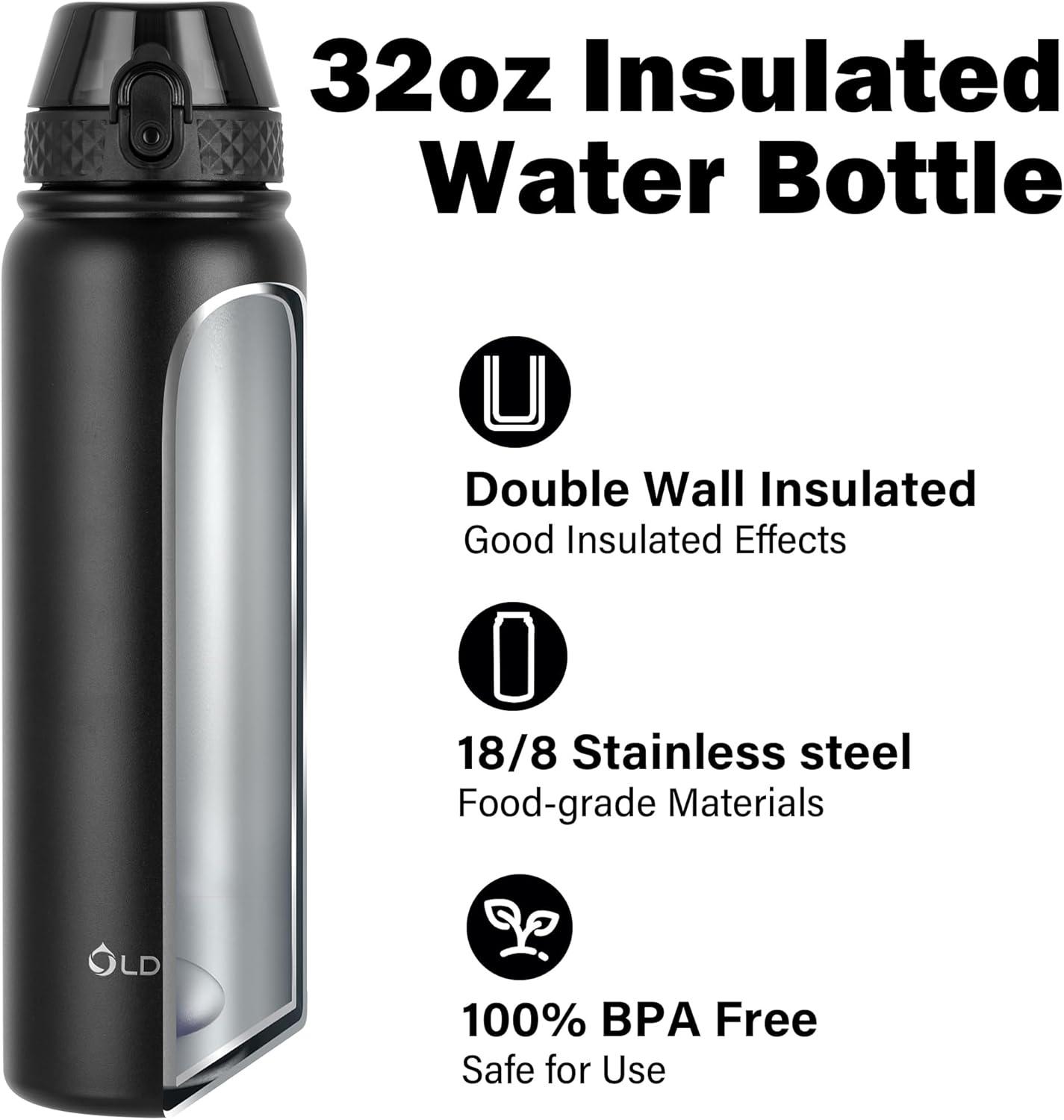 imageOLDLEY Bouteille deau en Acier Inoxydable avec Paille 1L Isotherme Sous Vide Grande gourde en Mtal tanche Garder les Boissons au Chaud et au Froid pour Vlo Camping Sports Gym Adulte Femme HommeNoir