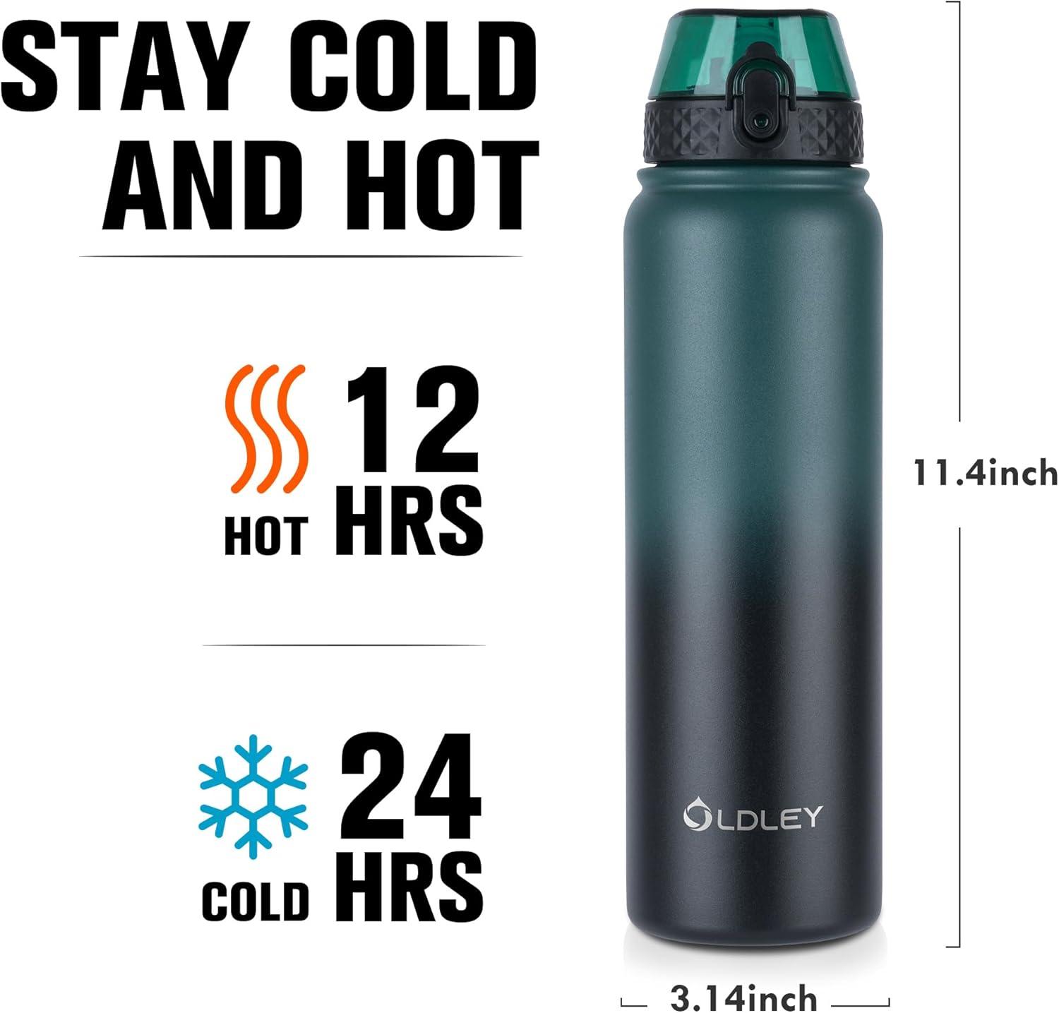imageOLDLEY Bouteille deau en Acier Inoxydable avec Paille 1L Isotherme Sous Vide Grande gourde en Mtal tanche Garder les Boissons au Chaud et au Froid pour Vlo Camping Sports Gym Adulte Femme HommeFonc Vert Noir