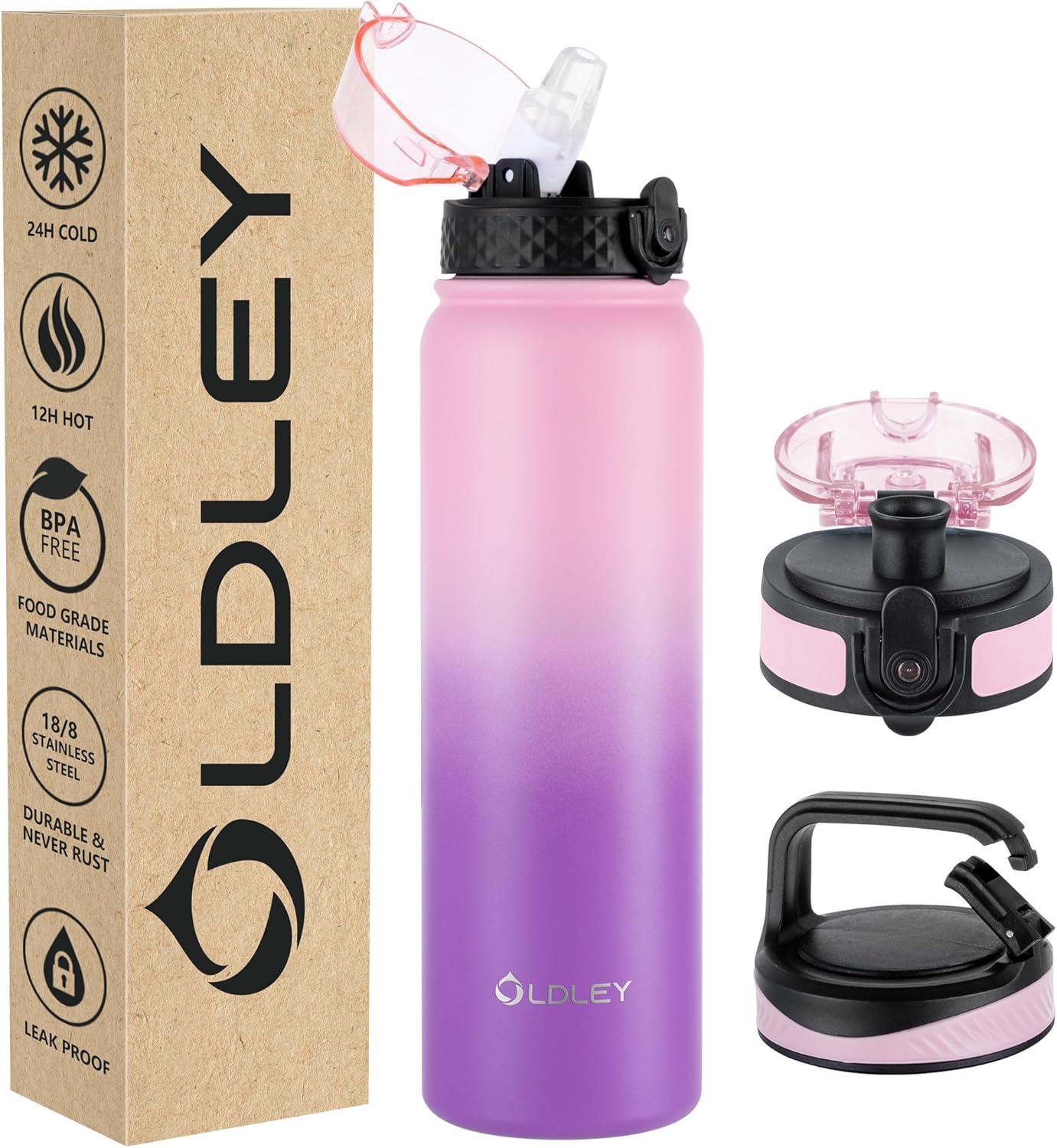 imageOLDLEY Bouteille deau en Acier Inoxydable avec Paille 1L Isotherme Sous Vide Grande gourde en Mtal tanche Garder les Boissons au Chaud et au Froid pour Vlo Camping Sports Gym Adulte Femme HommeRose Violet