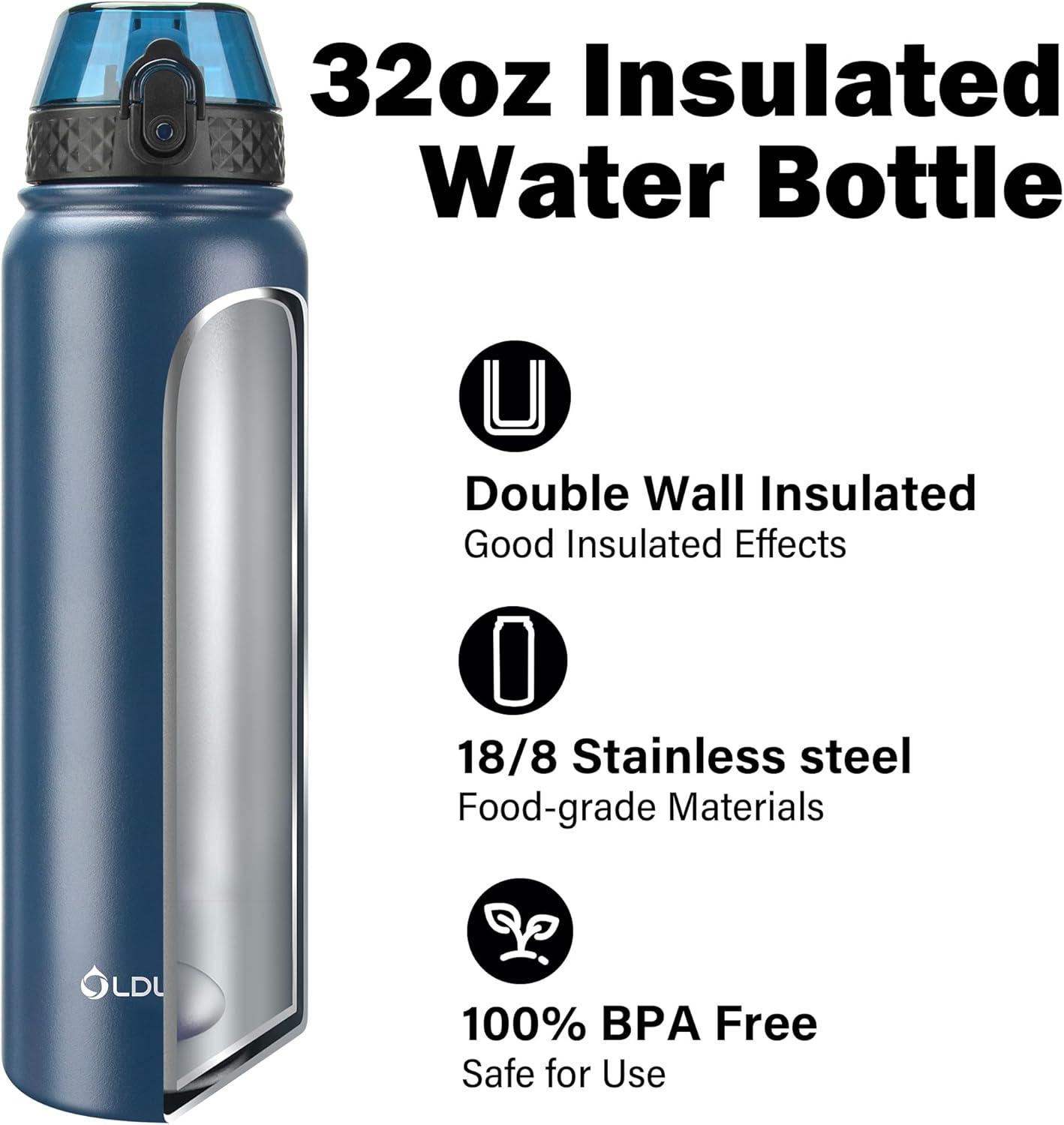 imageOLDLEY Bouteille deau en Acier Inoxydable avec Paille 1L Isotherme Sous Vide Grande gourde en Mtal tanche Garder les Boissons au Chaud et au Froid pour Vlo Camping Sports Gym Adulte Femme HommeMarine Bleu