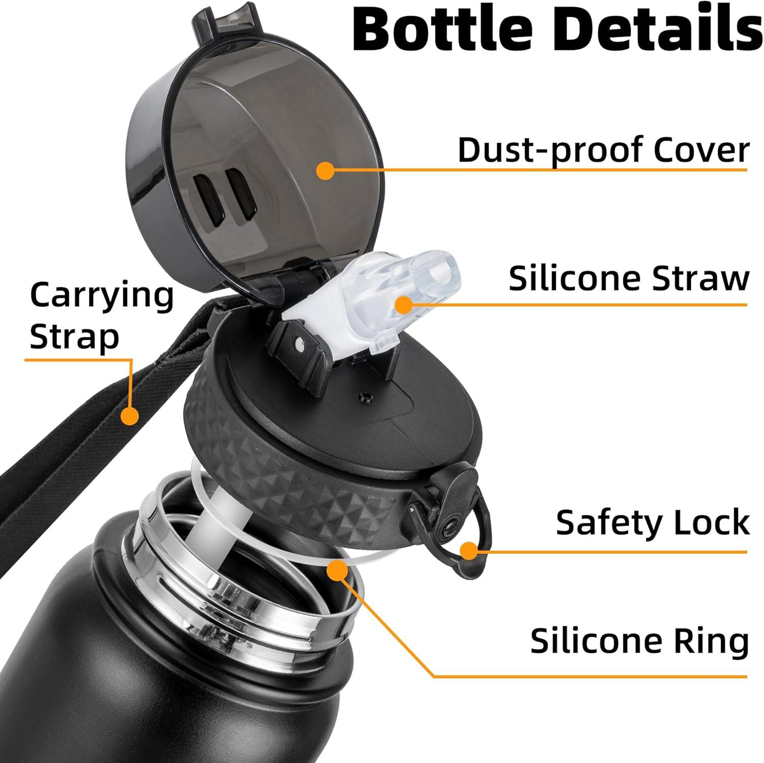 imageOLDLEY Bouteille deau en Acier Inoxydable avec Paille 1L Isotherme Sous Vide Grande gourde en Mtal tanche Garder les Boissons au Chaud et au Froid pour Vlo Camping Sports Gym Adulte Femme HommeNoir