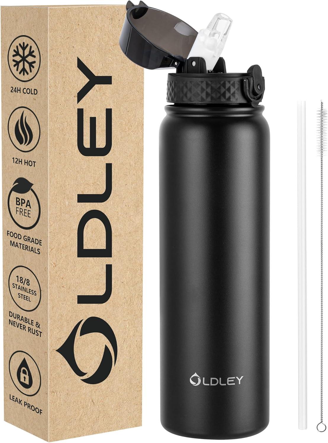 imageOLDLEY Bouteille deau en Acier Inoxydable avec Paille 1L Isotherme Sous Vide Grande gourde en Mtal tanche Garder les Boissons au Chaud et au Froid pour Vlo Camping Sports Gym Adulte Femme HommeNoir