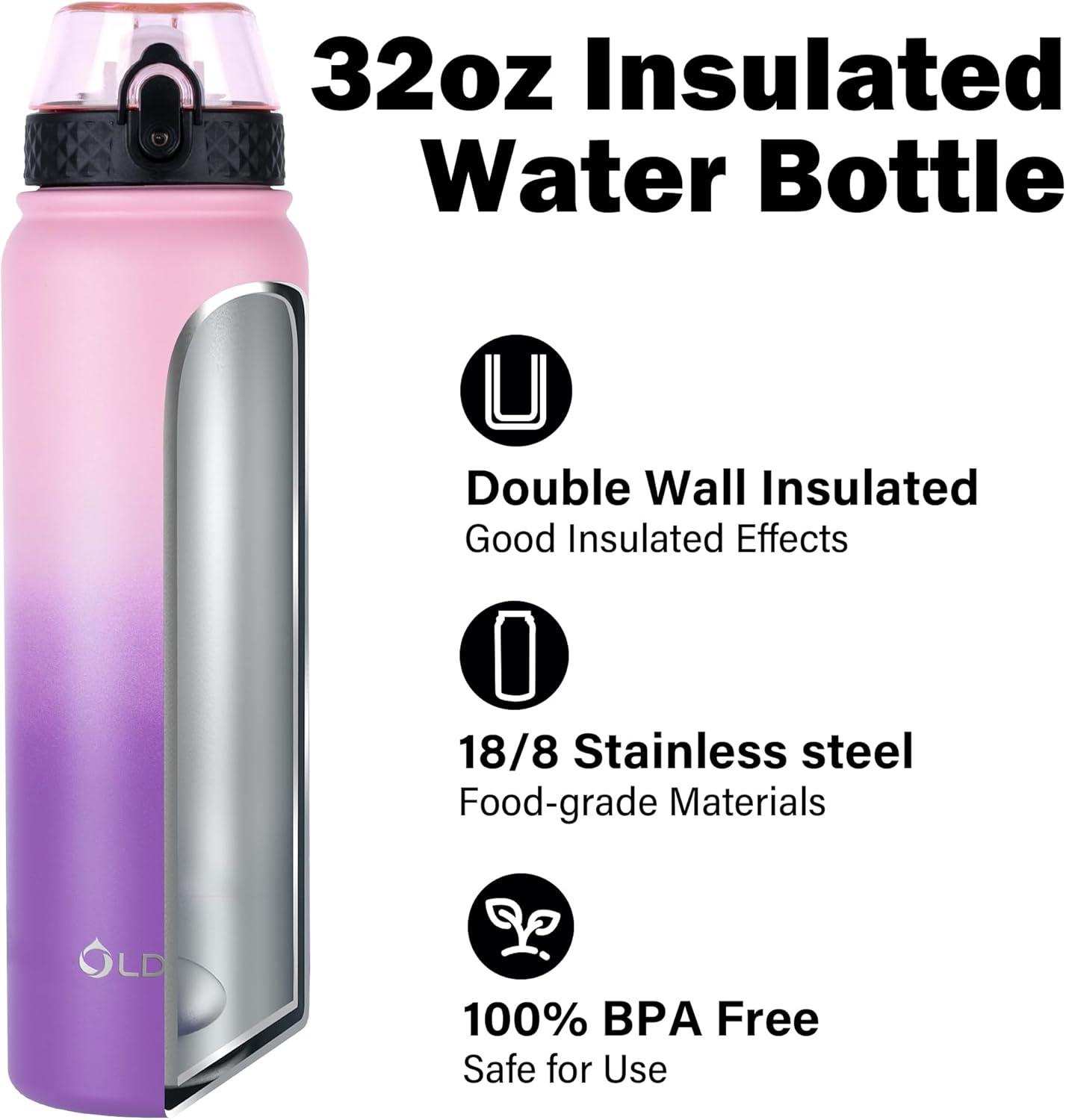 imageOLDLEY Bouteille deau en Acier Inoxydable avec Paille 1L Isotherme Sous Vide Grande gourde en Mtal tanche Garder les Boissons au Chaud et au Froid pour Vlo Camping Sports Gym Adulte Femme HommeRose Violet