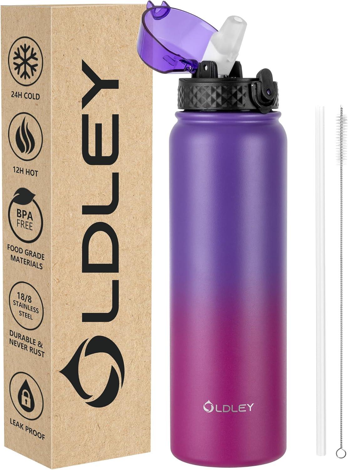 imageOLDLEY Bouteille deau en Acier Inoxydable avec Paille 1L Isotherme Sous Vide Grande gourde en Mtal tanche Garder les Boissons au Chaud et au Froid pour Vlo Camping Sports Gym Adulte Femme HommeViolet Rose